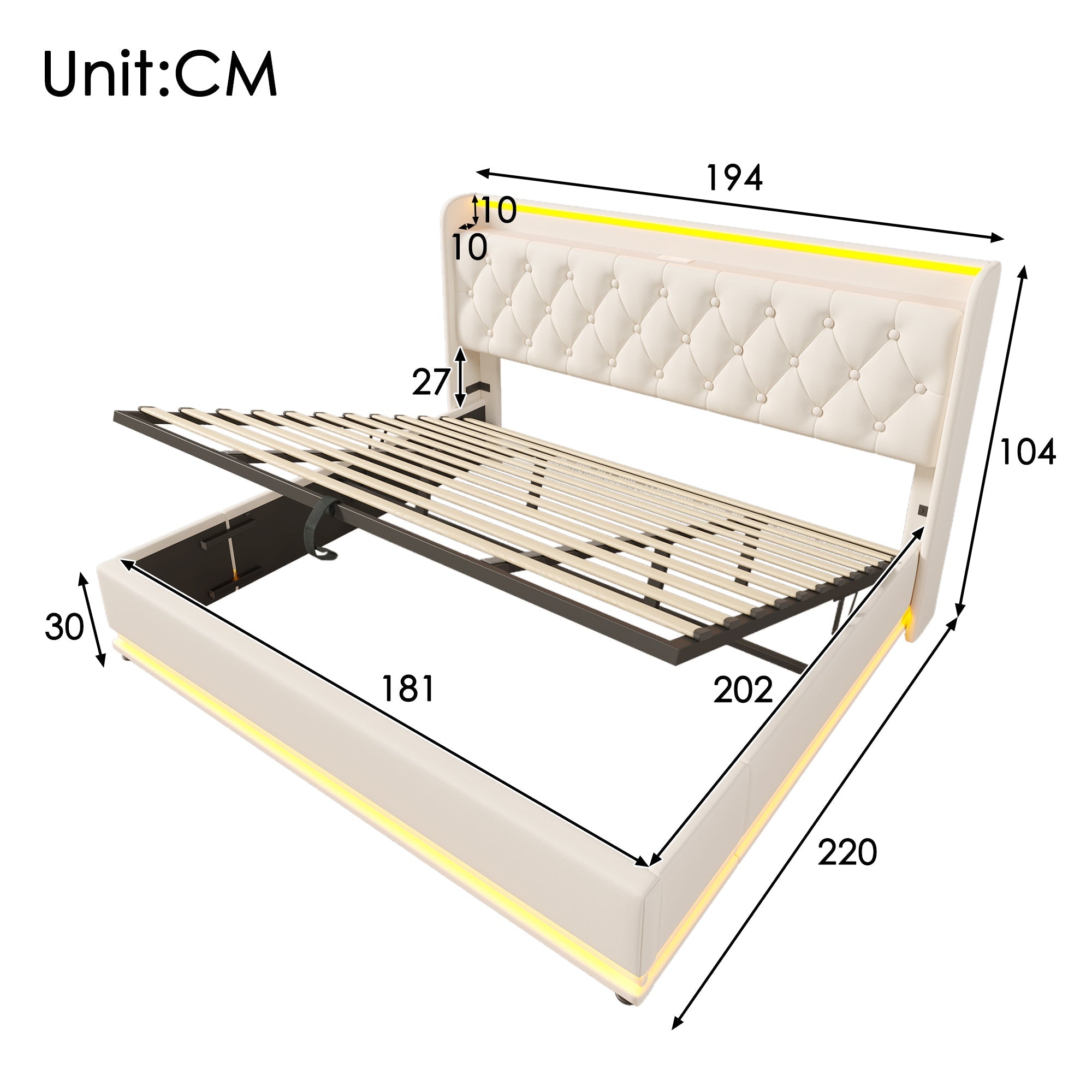 Upholstered Bed Double, 360 LED, Hydraulic Storage, USB-C Charging, 180x200 cm White PU