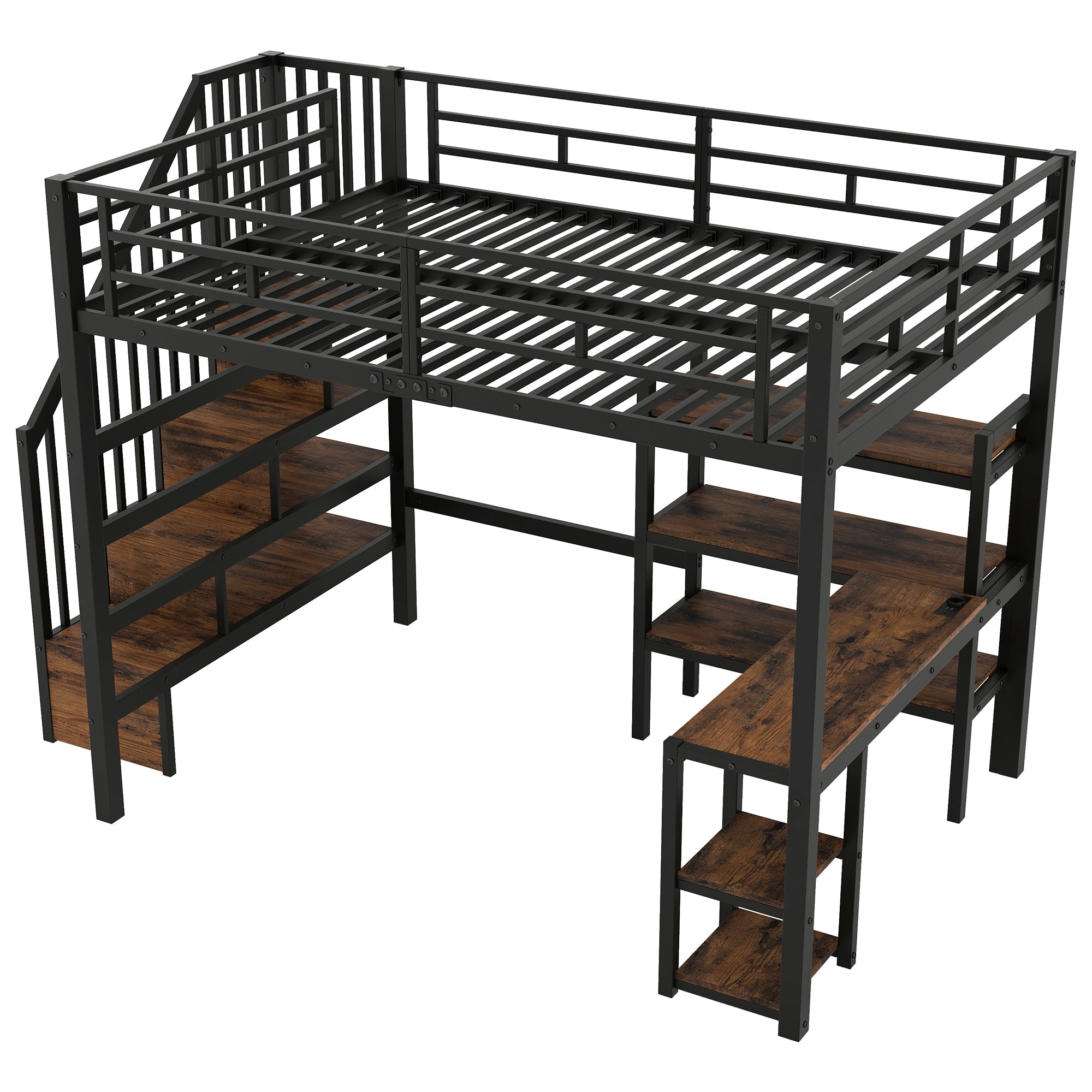 Metal Loft Bed with Desk, Stairs, Storage and LED, 140x200cm, Black