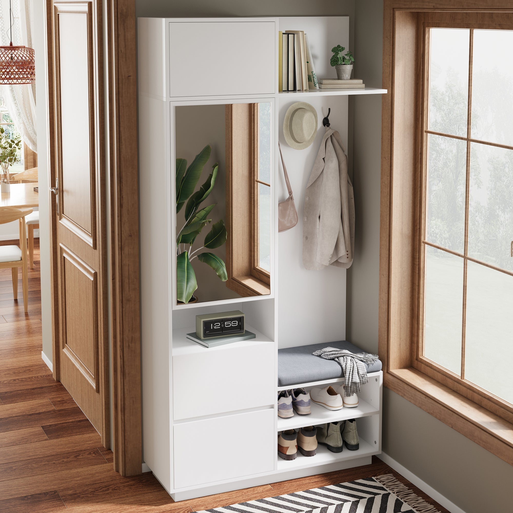 Compact Wardrobe with Mirror, Bench & Shoe Cabinet, White MDF