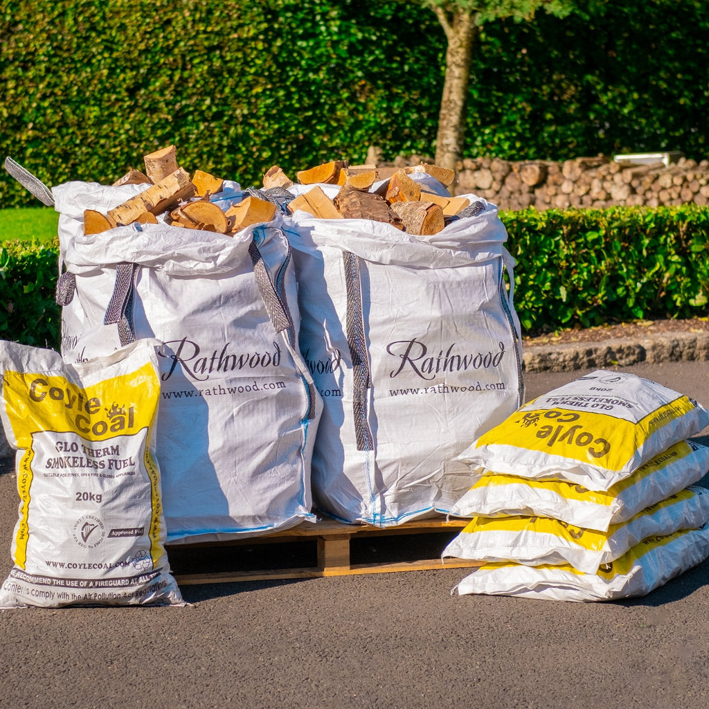 5 x 20kg Bags of Glotherm Coal and 400kg Kiln Dried Oak Trolley Bags on Pallet - Rathwood Store