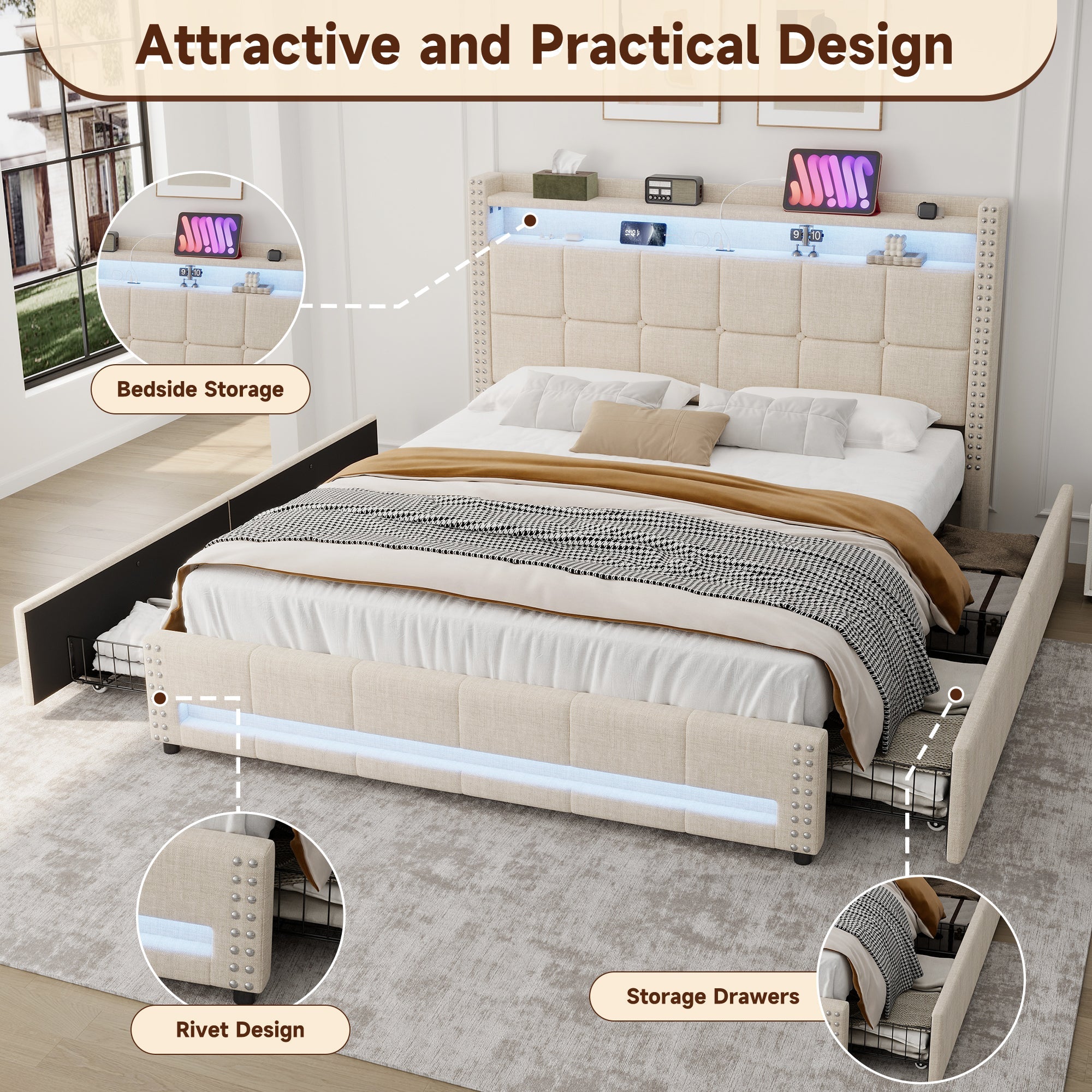 4ft6 Double Upholstered Storage Bed w/ LED, Charging Station, Linen Beige