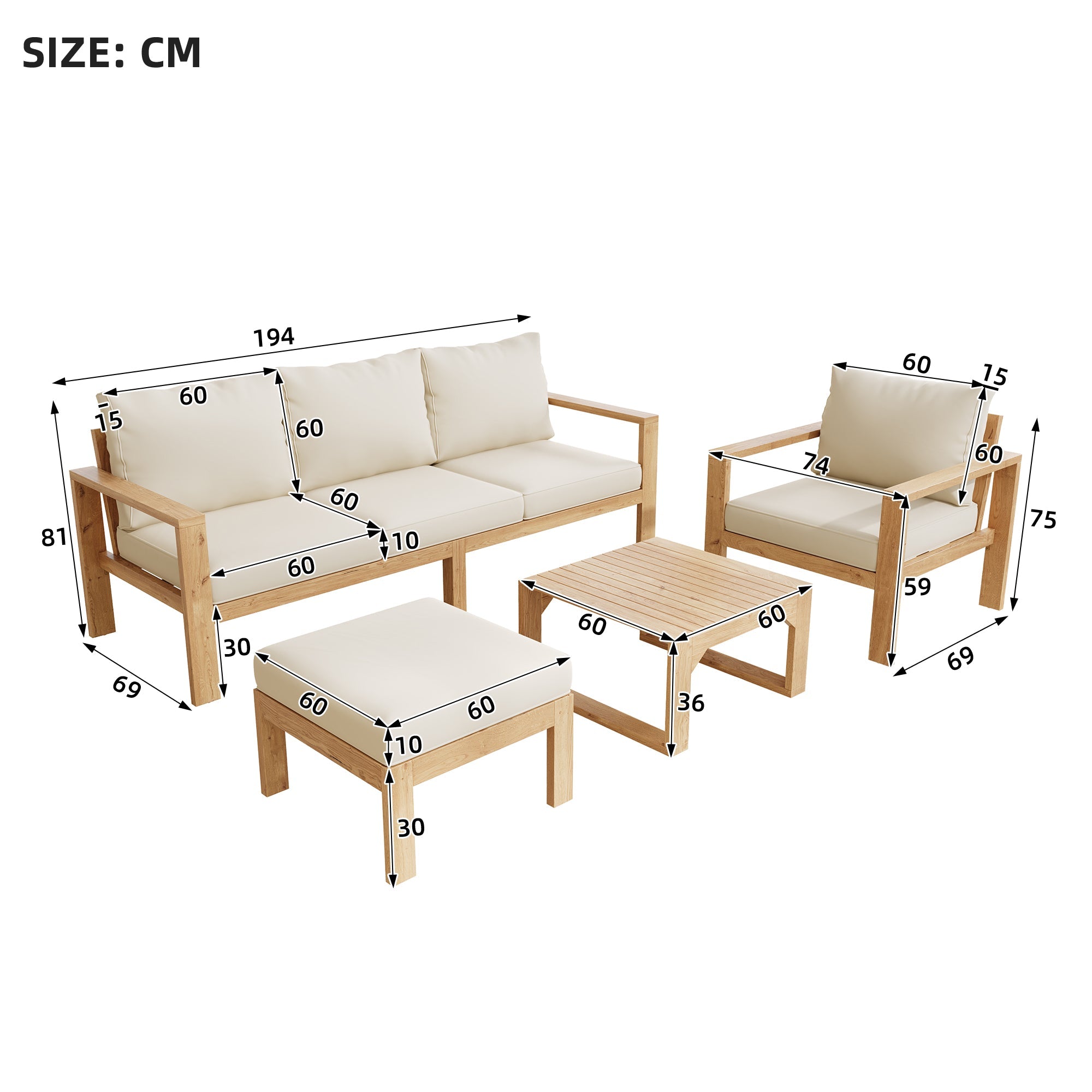 Garden Furniture Set with 5 Pieces for 4-6 People, Acacia Wood and Cream Canvas