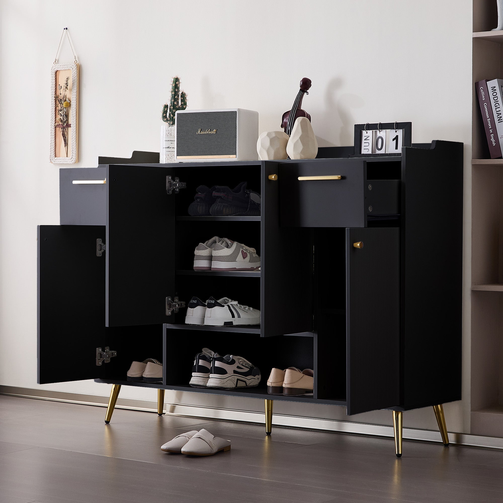 Shoe Cabinet, Shoe Rack with 2 Drawers and 4 Doors, Metal Feet, Black