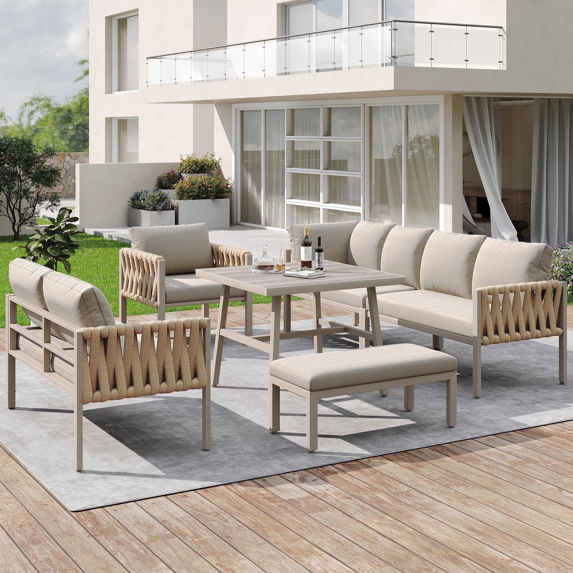 Rope Garden Furniture Set Corner Sofa Adjustable Legs Tempered Glass Beige