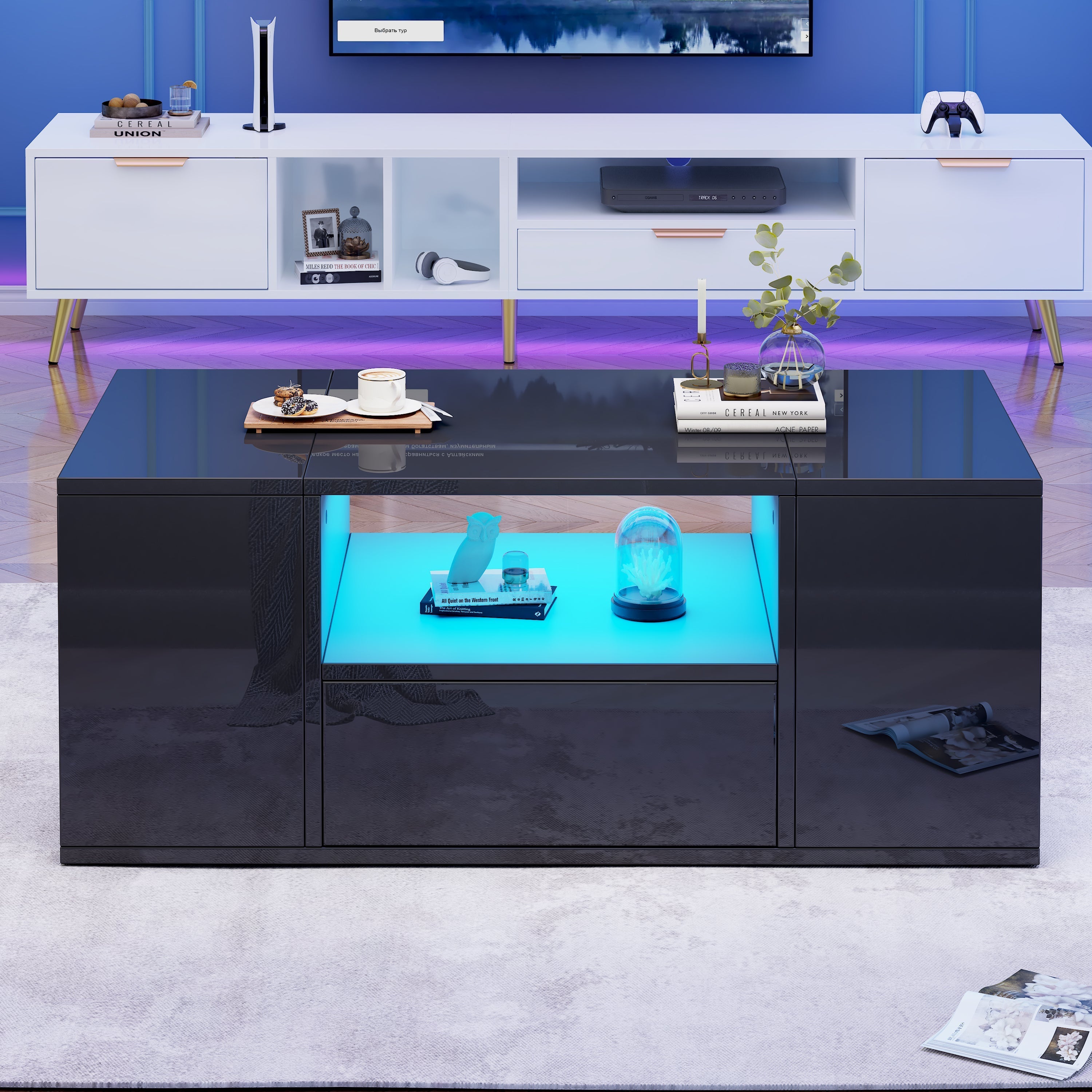 Coffee Table 100x50x40cm High-Gloss LED 1 Drawer 2 Cabinets - Black
