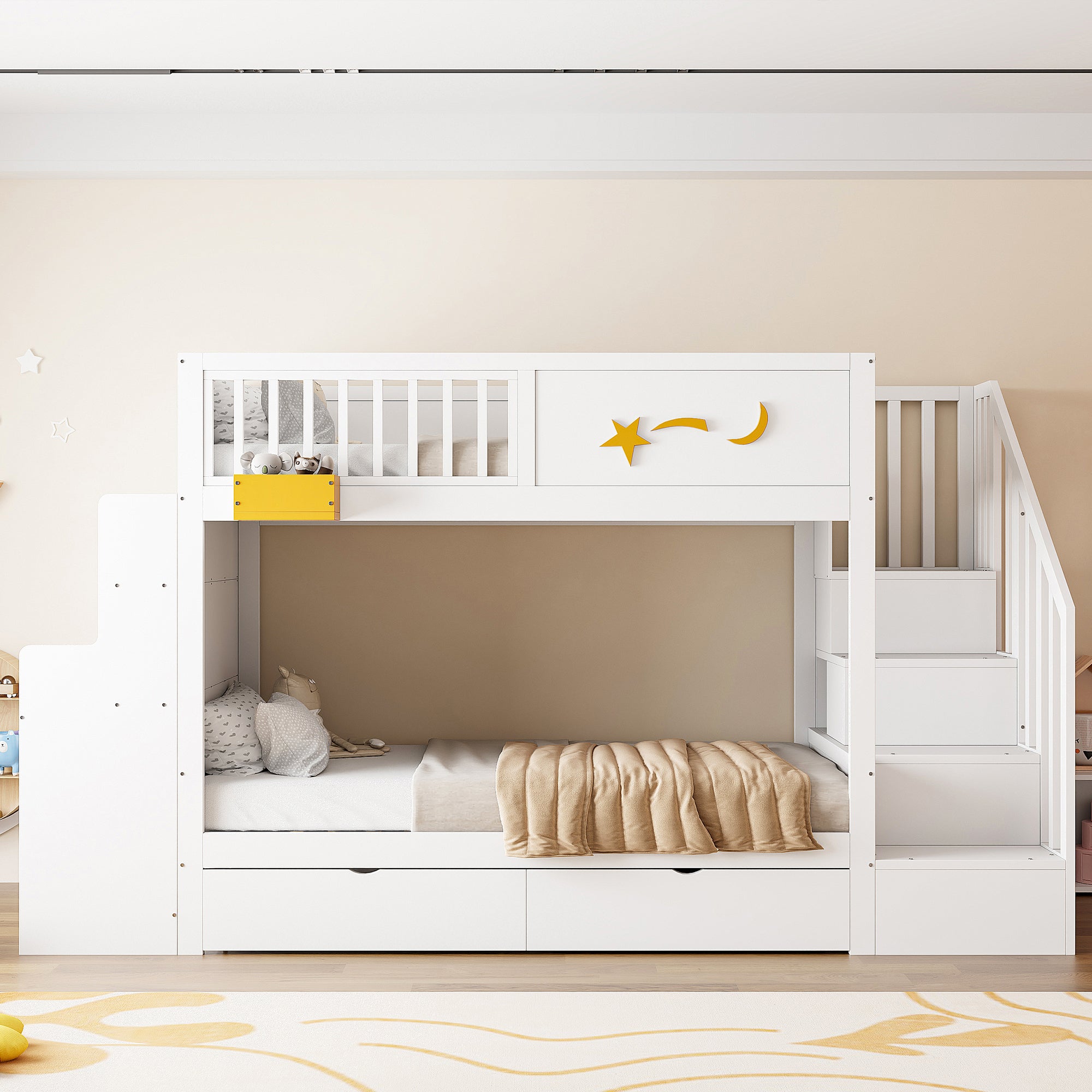 Bunk Bed with Storage Drawers, Safety Stairs, Desk and Star Motif, 90x200cm Solid Pine Wood, White
