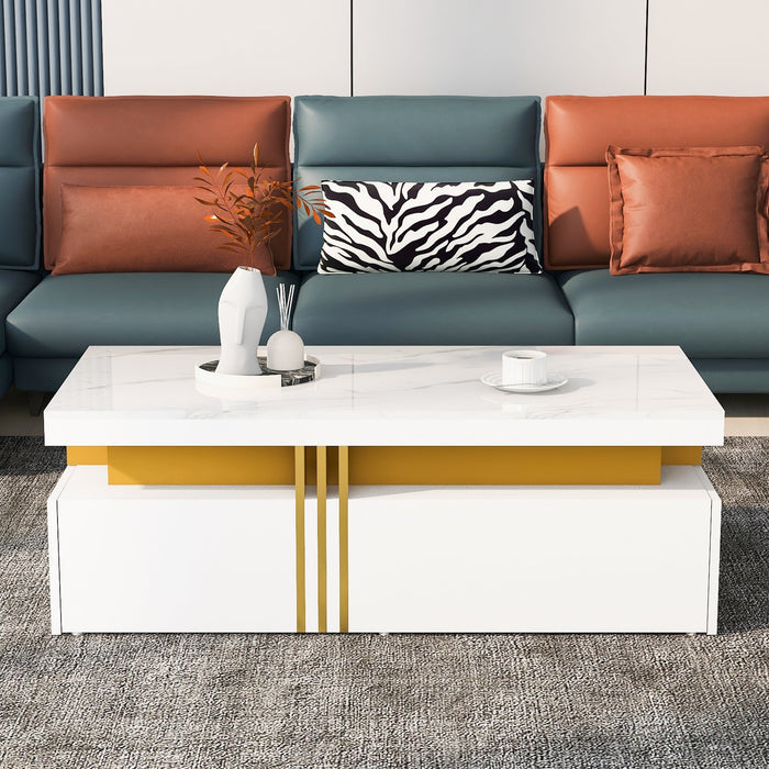 Modern rectangular coffee table with high gloss top and 2 wooden drawers, marble tabletop