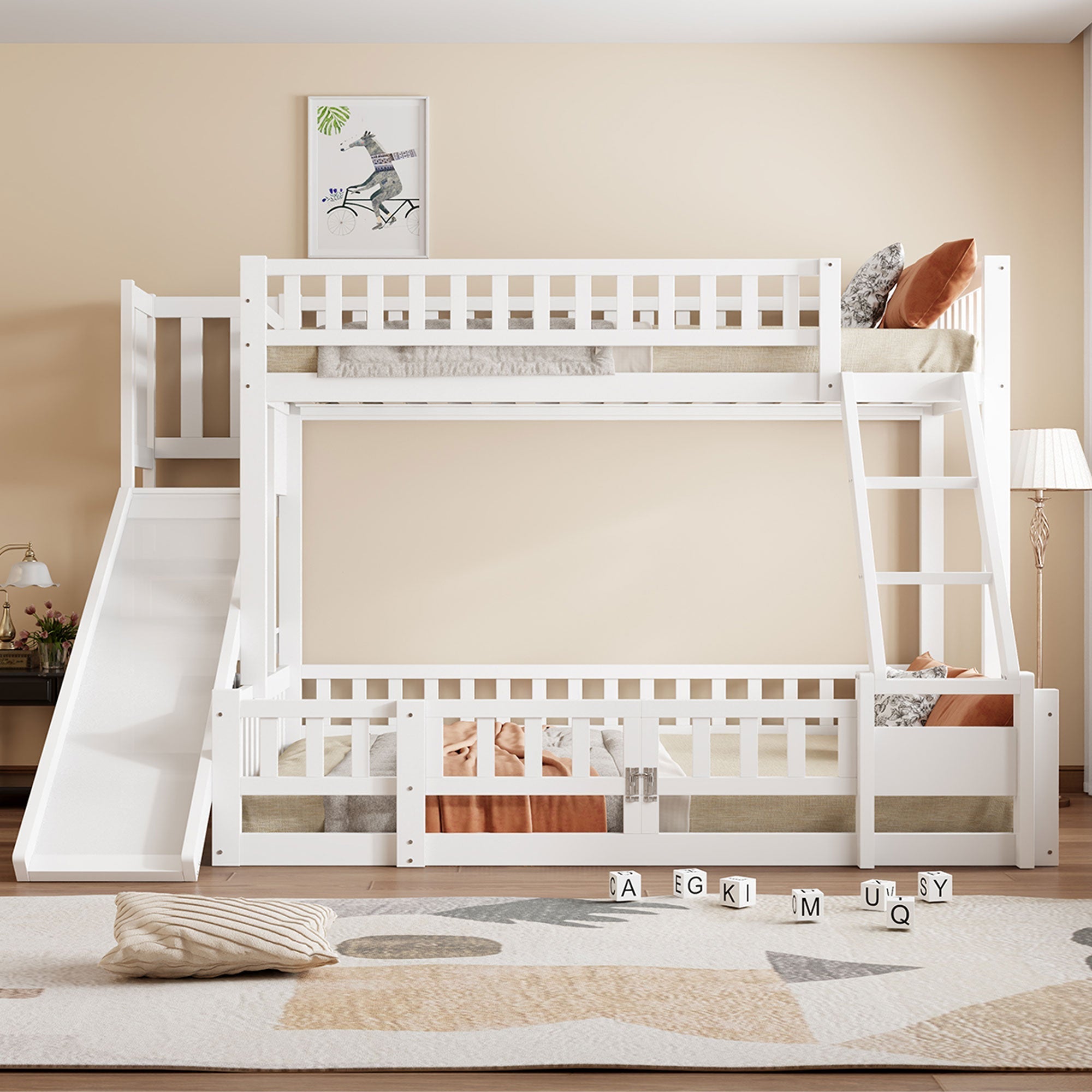 Bunk Bed 90/140x200cm Slide Steps Storage Shelves - White Pine Wood