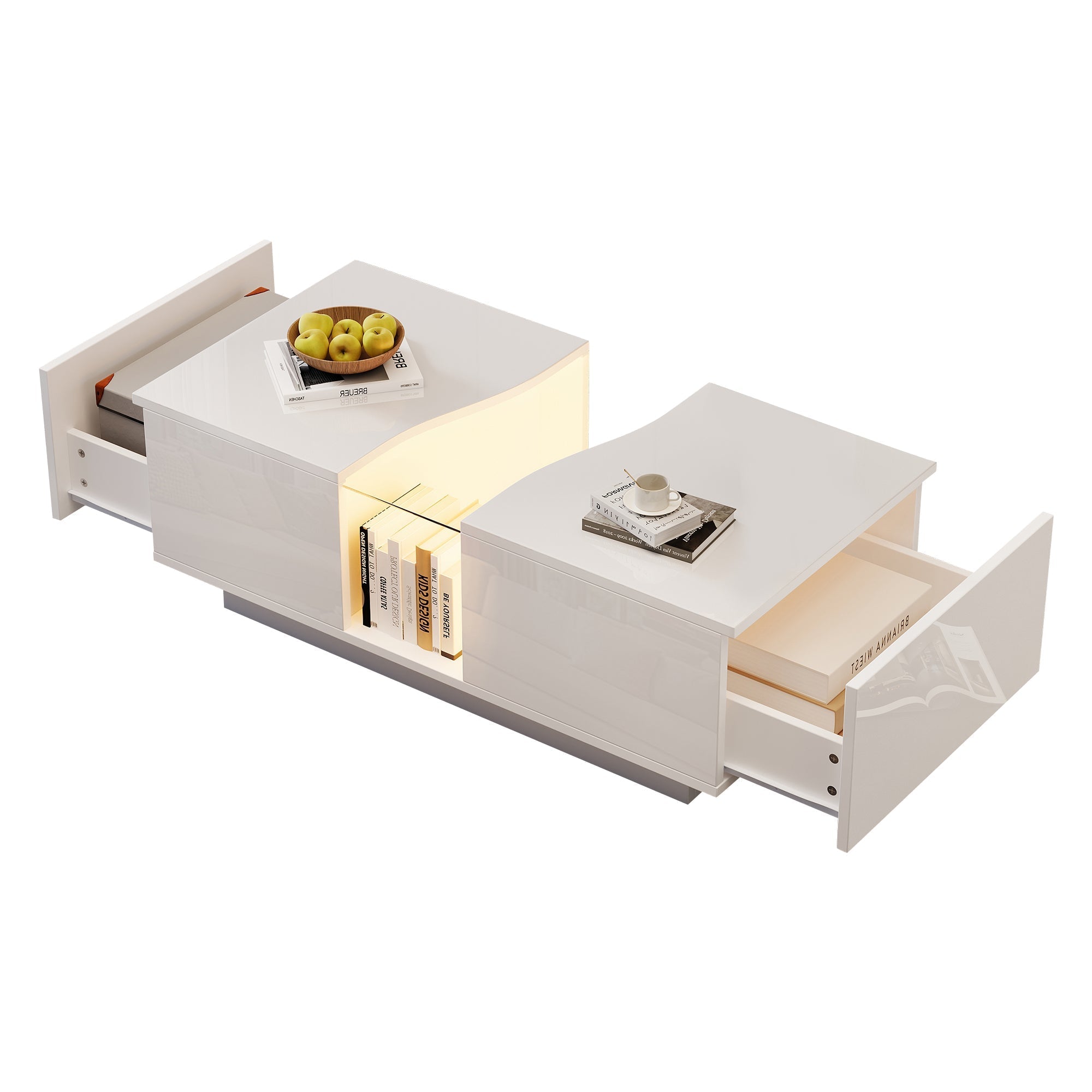 Led Coffee Table with 2 Drawer Storage, High Gloss with 16-Color Led Lights, White