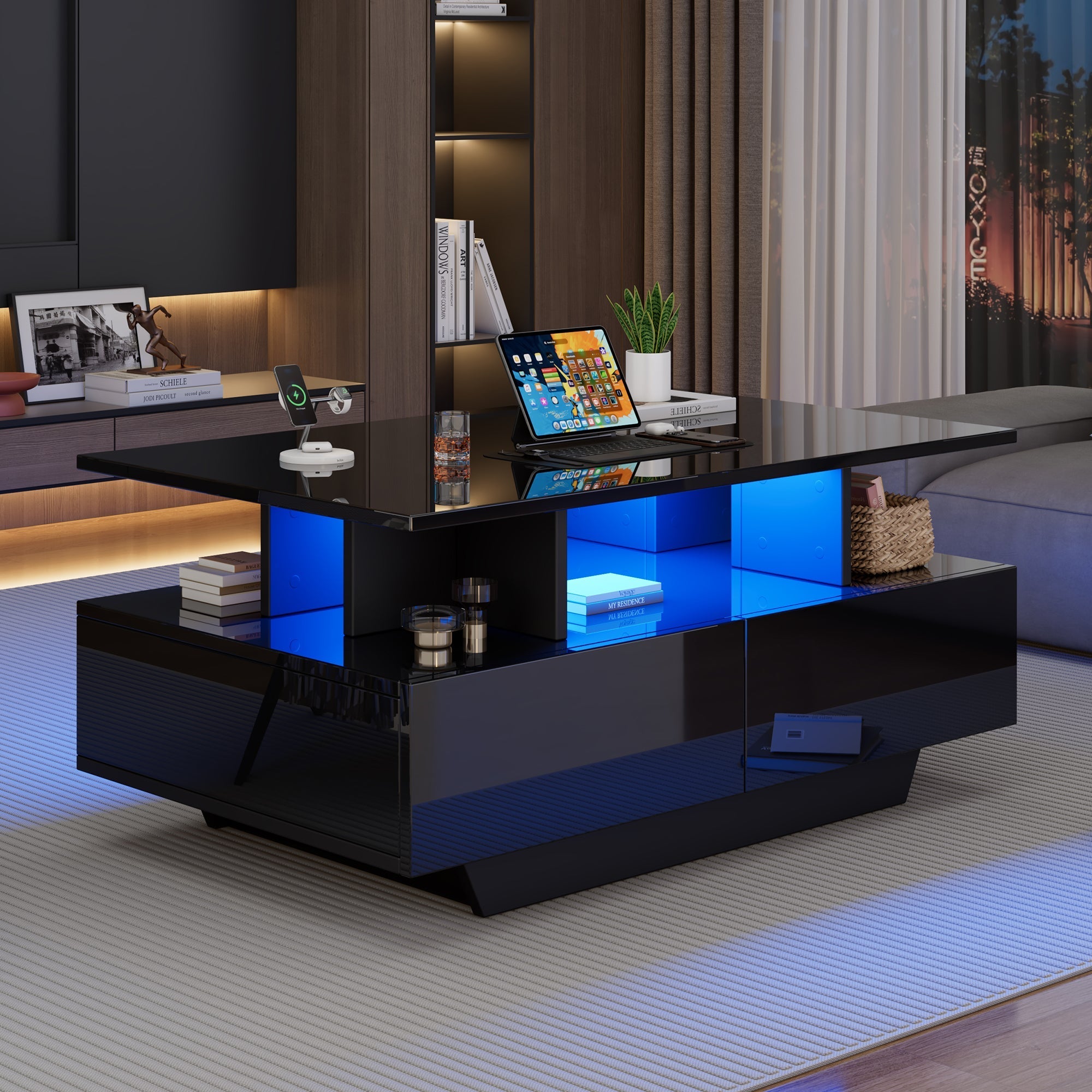 Coffee Table, Modern High-Gloss with LED & 2 Drawers, White