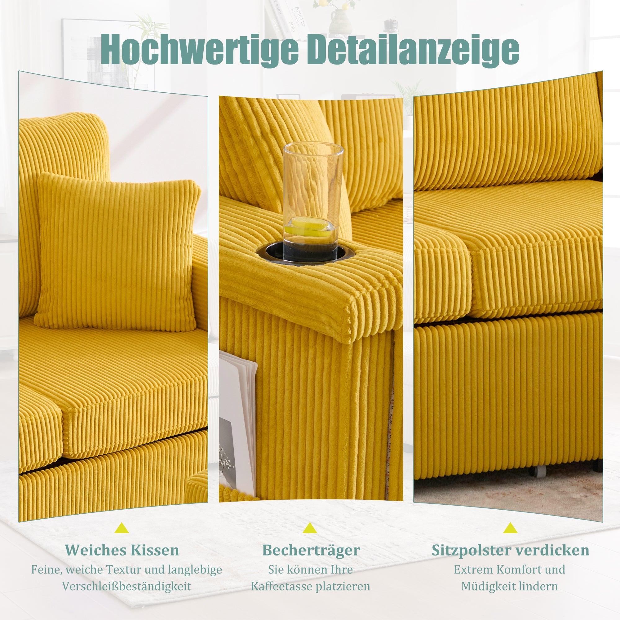 Velvet Sofa, LED Lighting, USB-C Port, Storage Footrest, Cup Holders, Side Pockets, Mustard Yellow