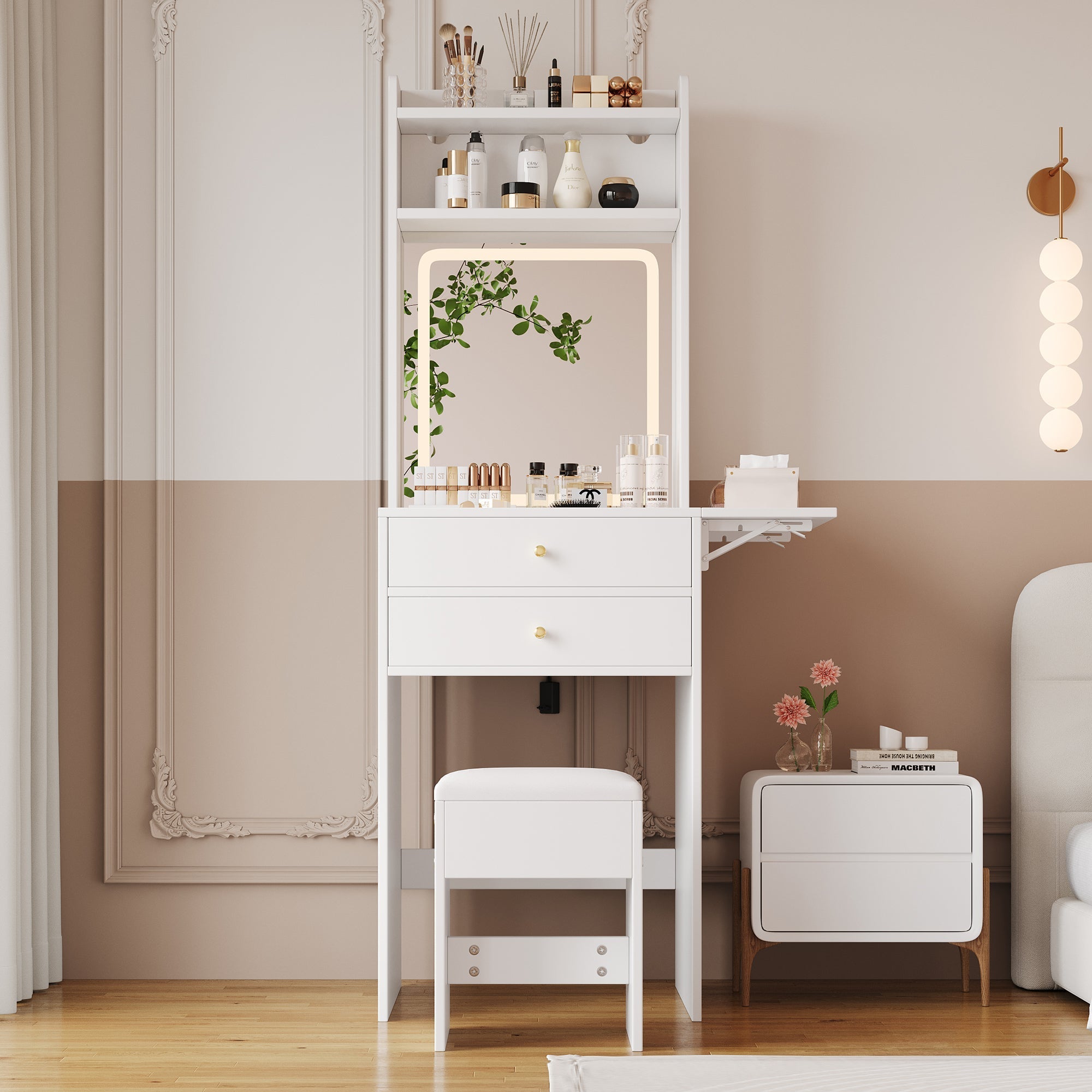 Small dressing table with adjustable LED lighting, stool, 2 drawers, 2 open compartments, and 22cm foldable tabletop, white