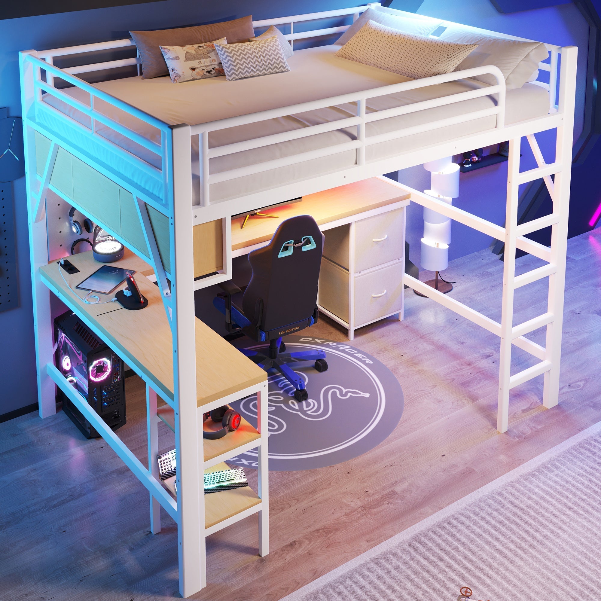 Loft Bed 140x200cm Gaming Desk Wardrobe Bookshelf USB LED Metal White