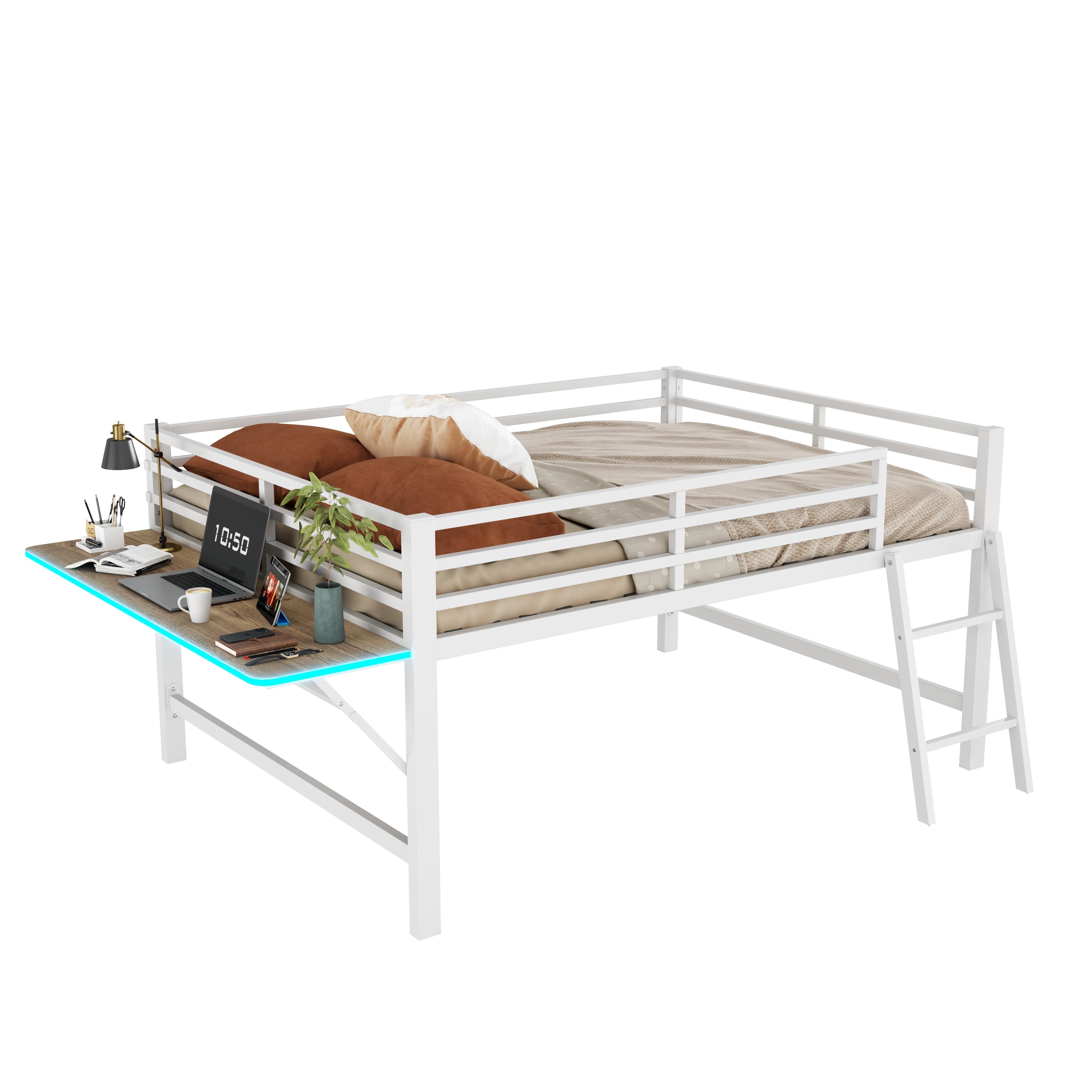 Flatbed Metal Bed 140x200cm Desk Ladder Railing Remote LED Strip White