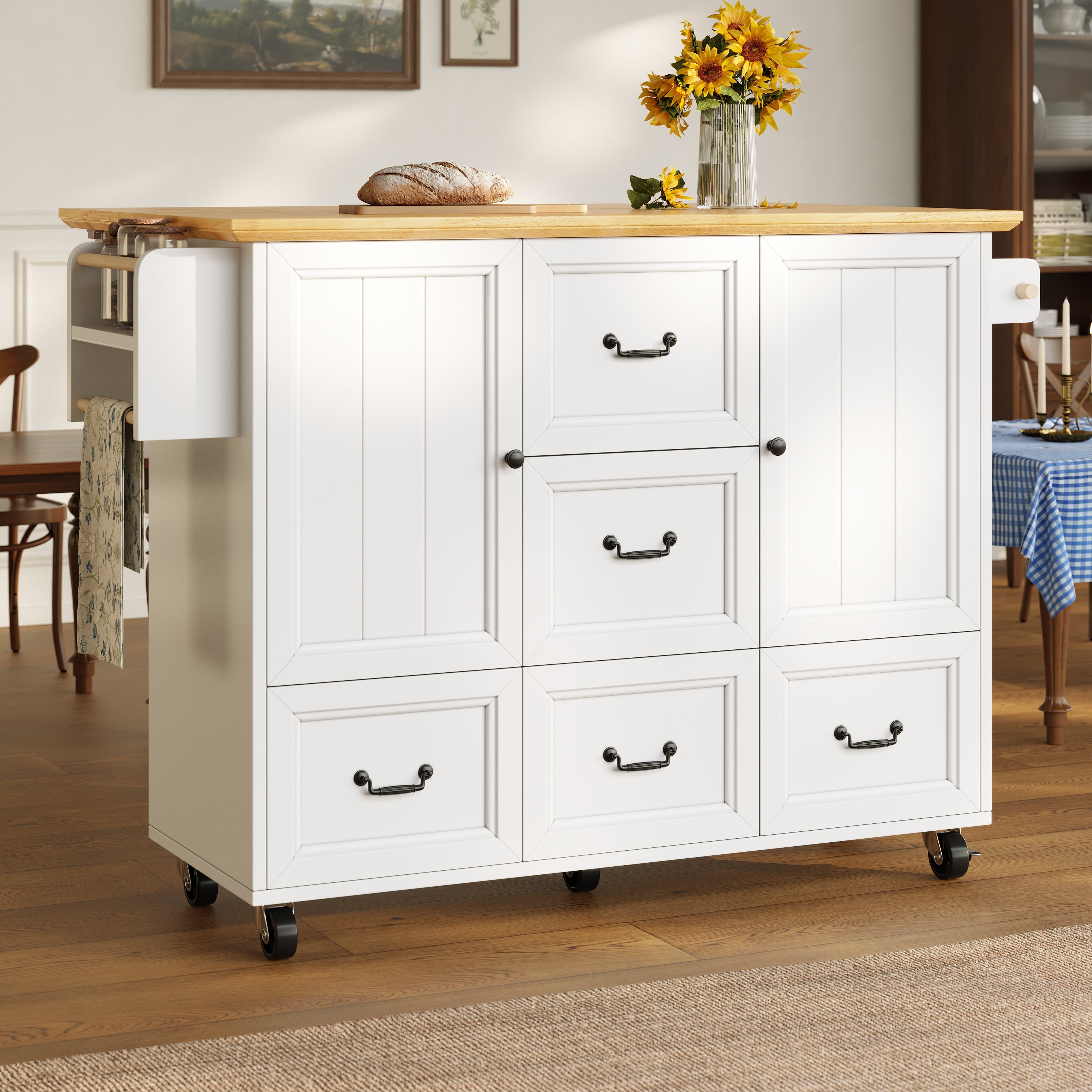 Kitchen Island Extendable Trolley 5 Drawers Towel/Spice Rack - White/Black
