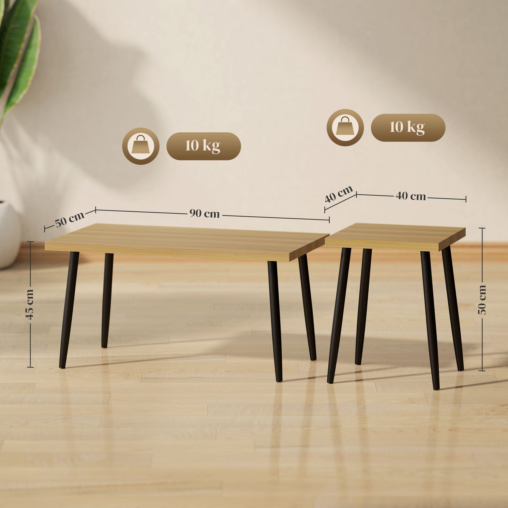 Coffee Table Set of 2, Side Tables with Steel Frame, Natural
