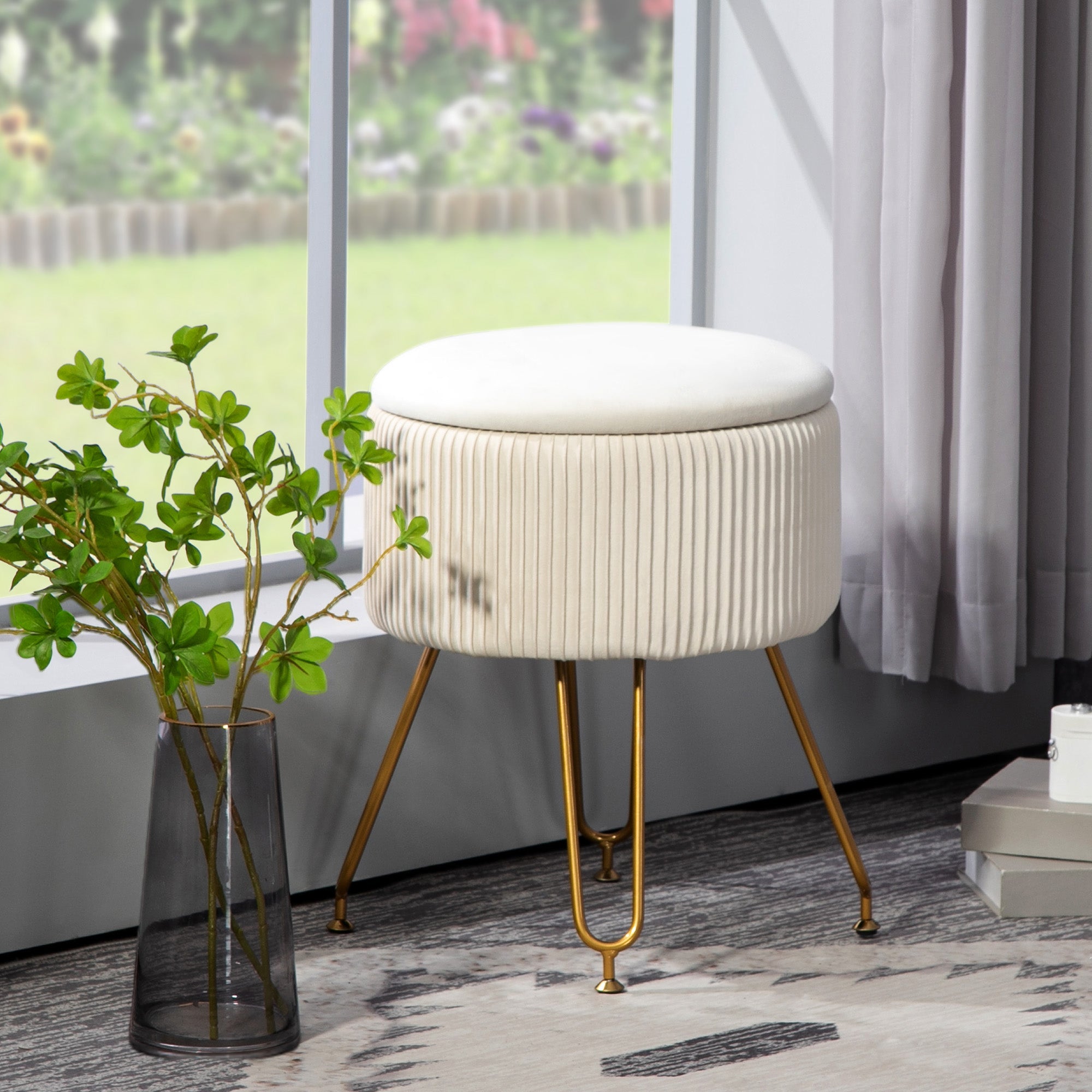 Storage Bench 2-in-1 Upholstered Lid Velvet Look Cream White