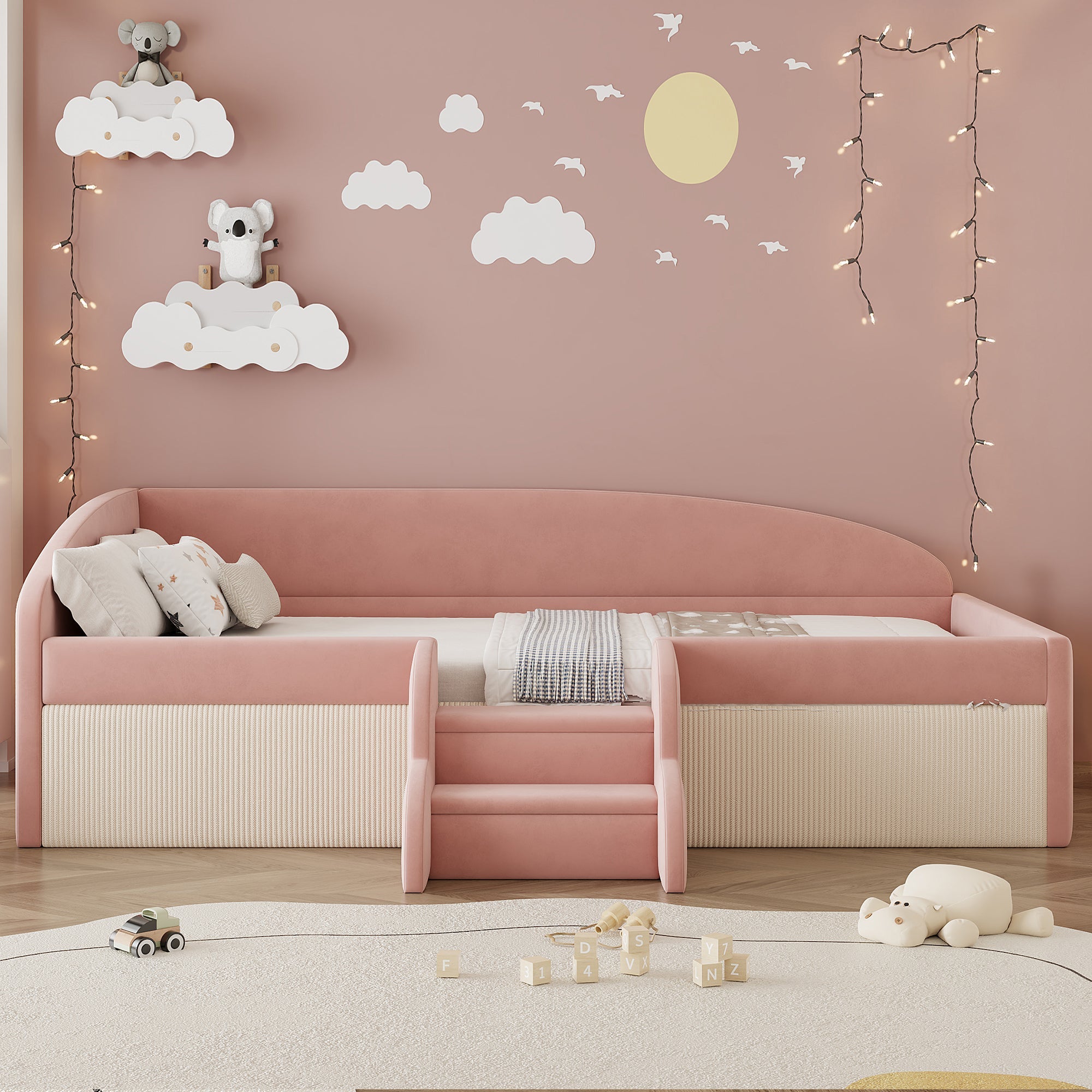 Upholstered Sofa Bed, 90x190cm Multifunctional with Steps and Railings, Velvet Fabric Pink + Cream White