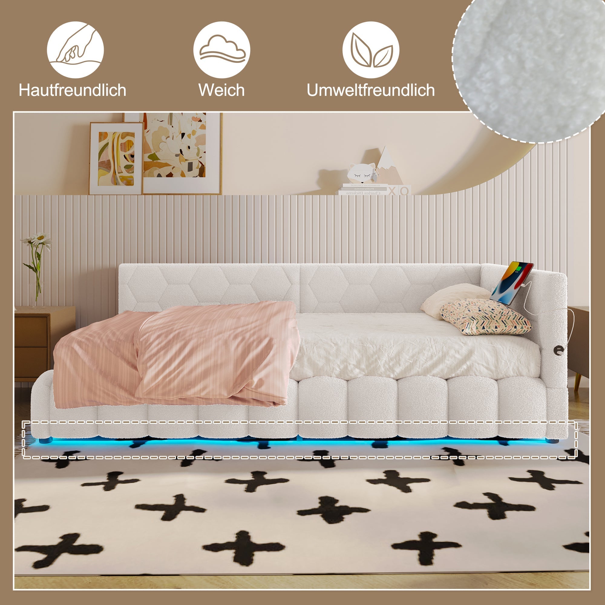 Daybed Sofa Bed 90x200cm Hydraulic Storage LED USB/Type-C - Imitation Fleece White