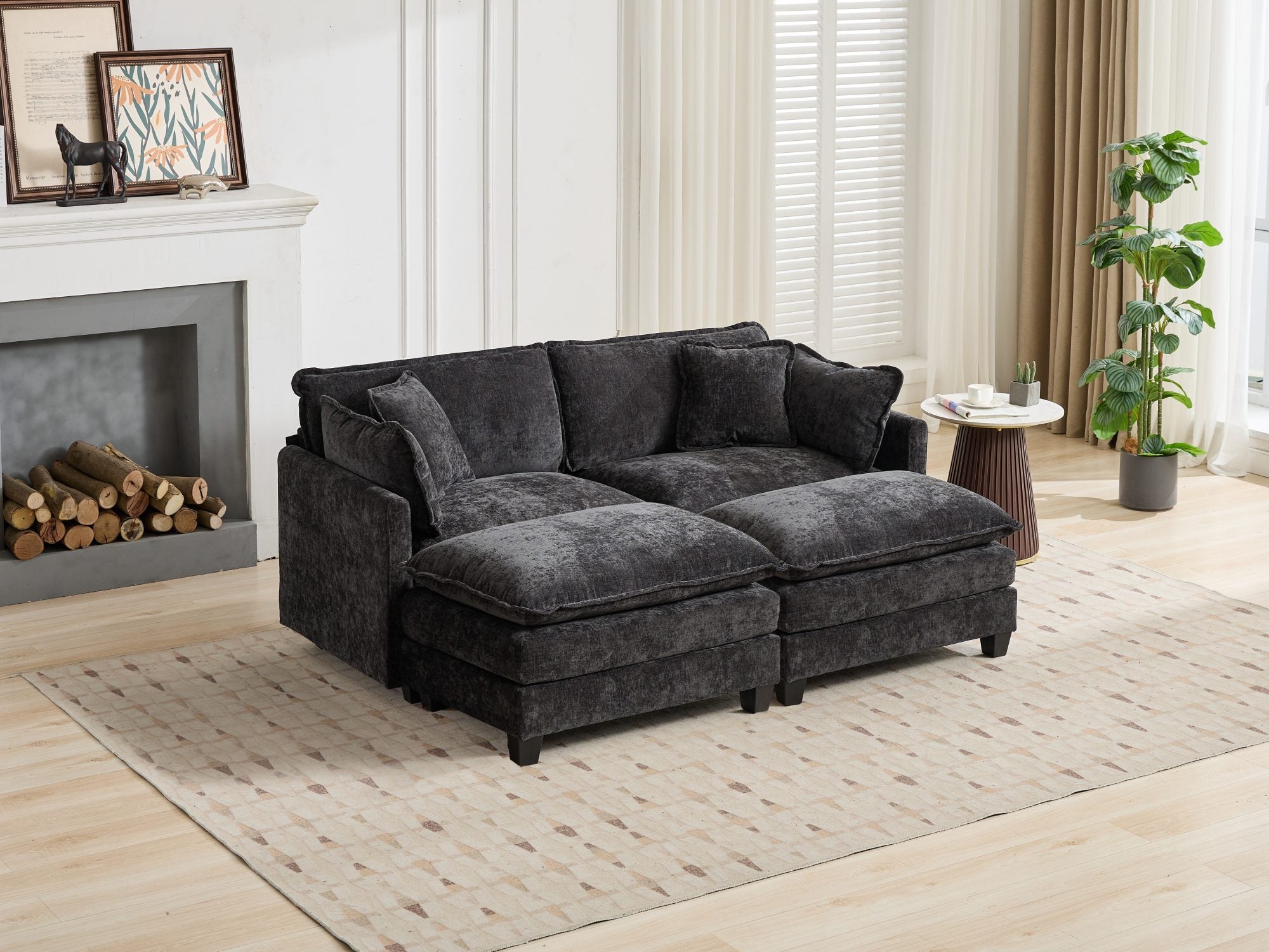 Cloud Sofa Loveseat, Modern Sectional Couch with Double Layer Cushions, Black Chenille Fabric