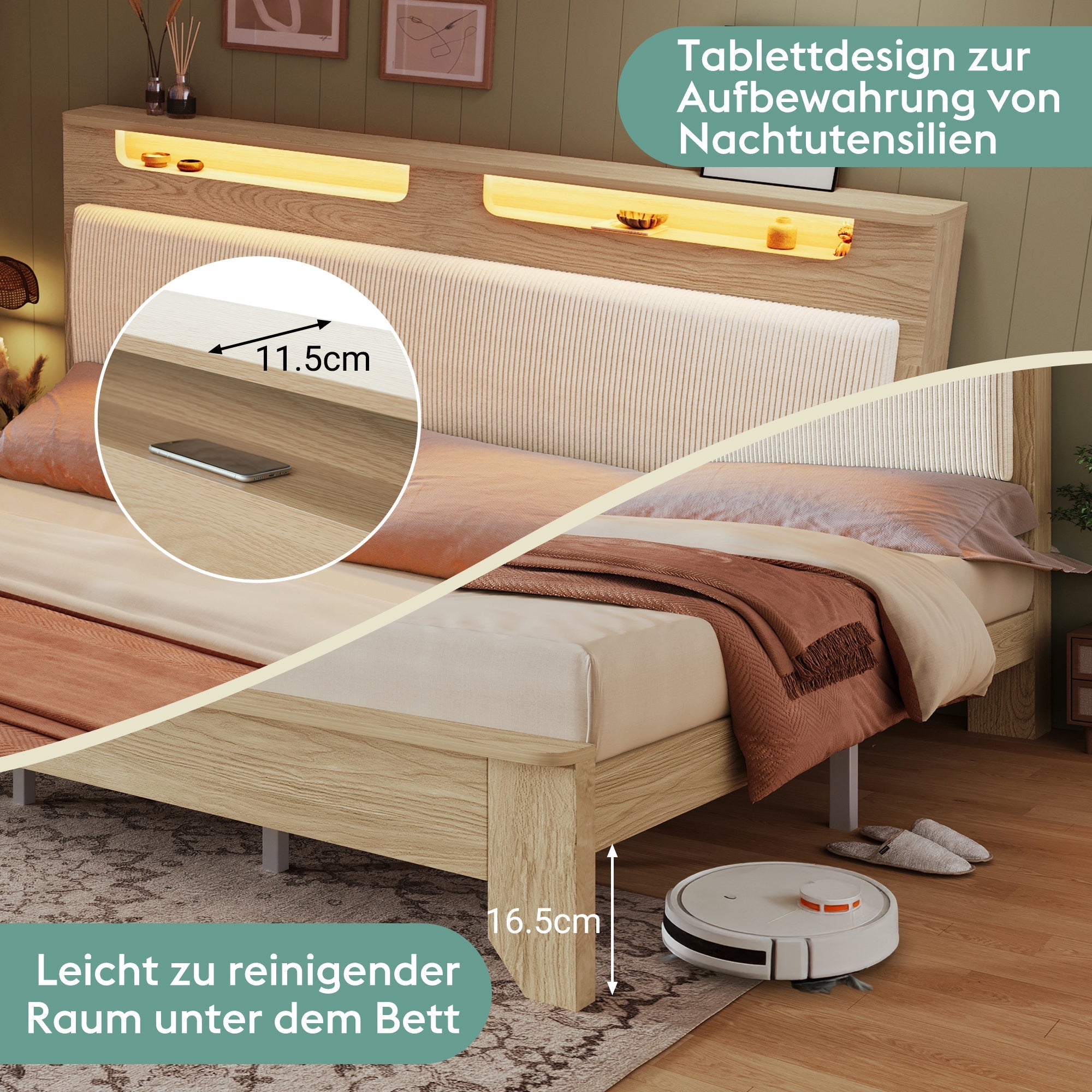 Double Wooden Bed, 160x200cm, Headboard Storage, LED, Light Oak