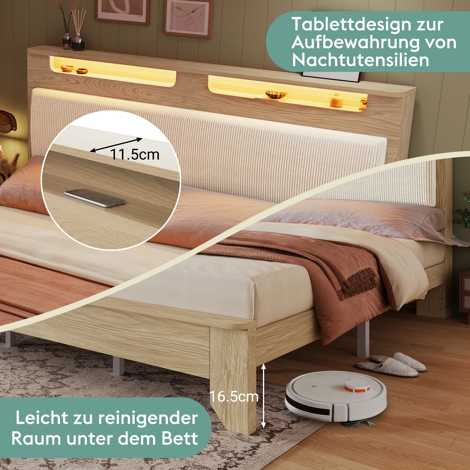 Double Wooden Bed, 160x200cm LED Headboard with Storage, Light Oak