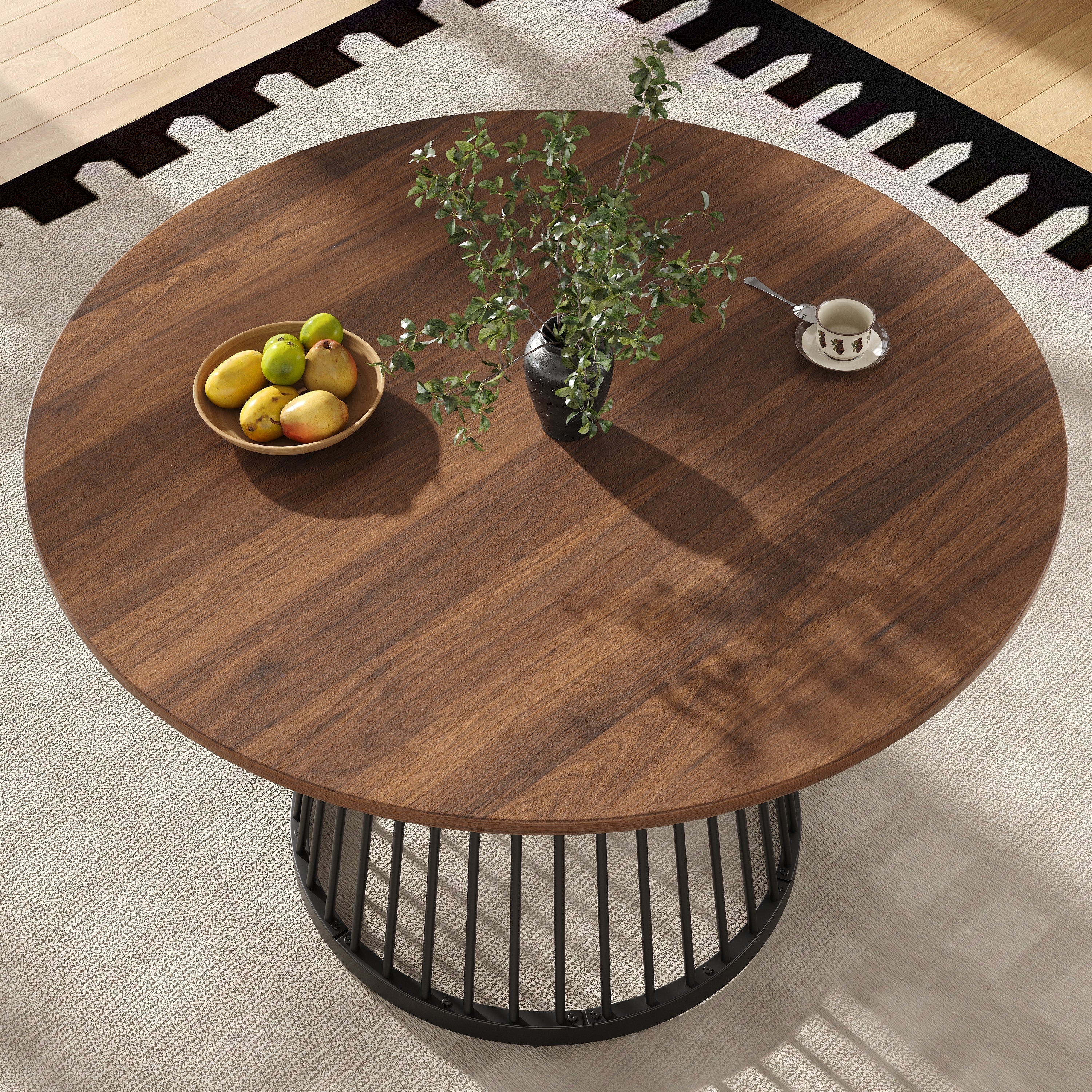 Round Dining Table 80x80cm 4-Person Walnut MDF/Black Metal Legs