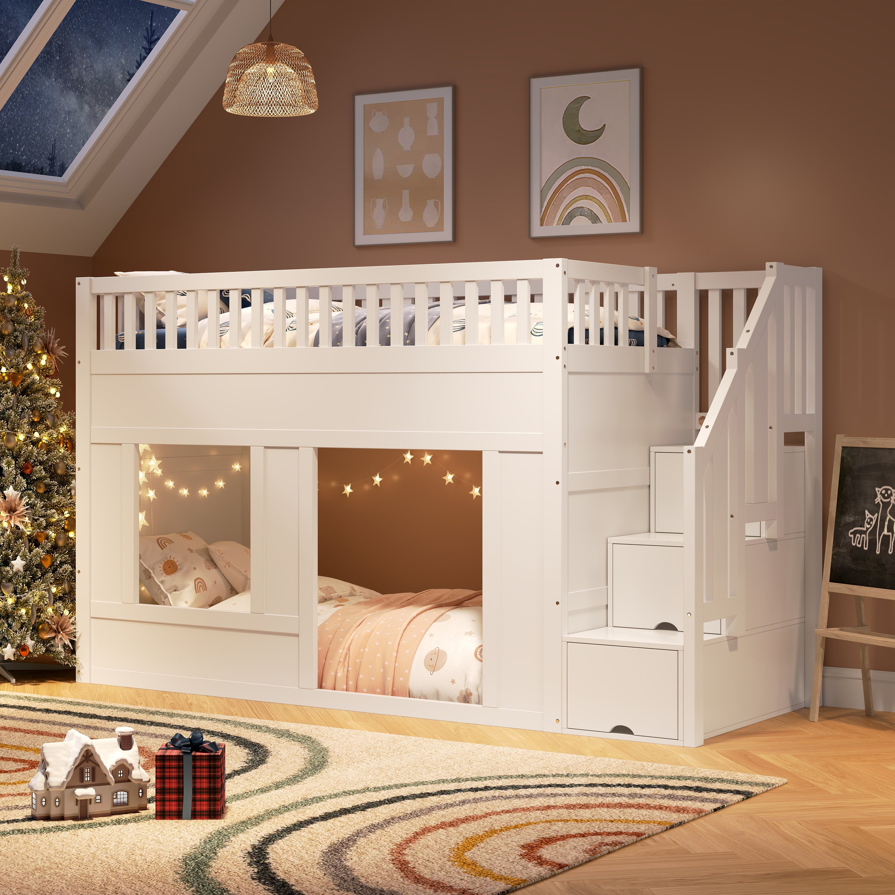 Bunk Loft Bed with Staircase Wardrobe and Convertible Play Area, 90x200cm, White