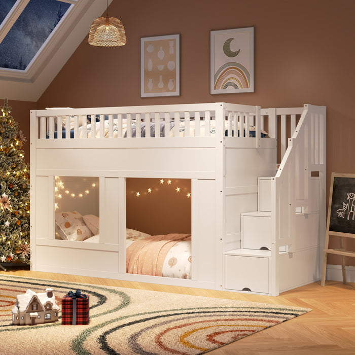 Bunk Loft Bed with Staircase Wardrobe and Convertible Play Area, 90x200cm, White