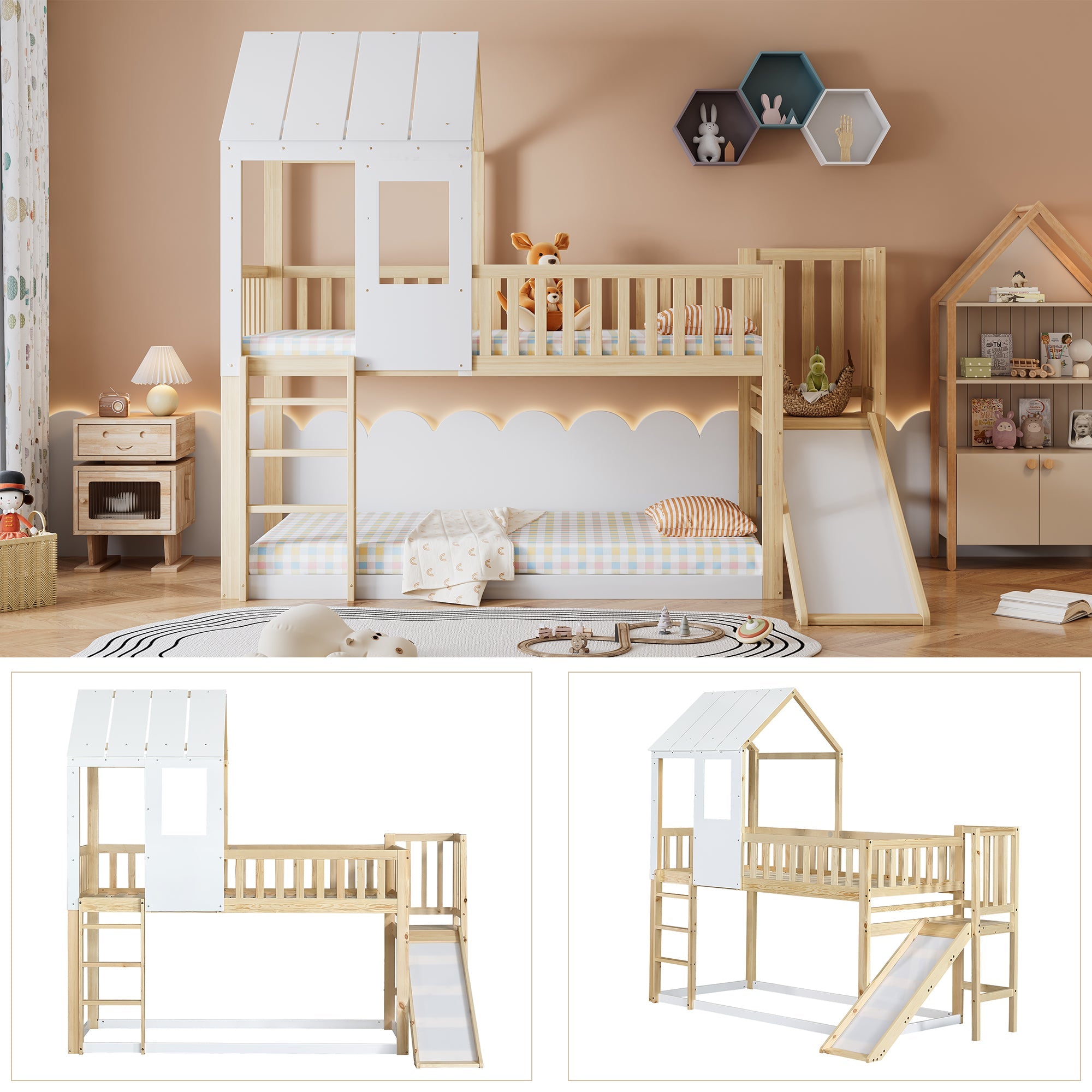 Bunk Bed with Ladder, Slide, Roof & Window, Pine Wood, Natural + White