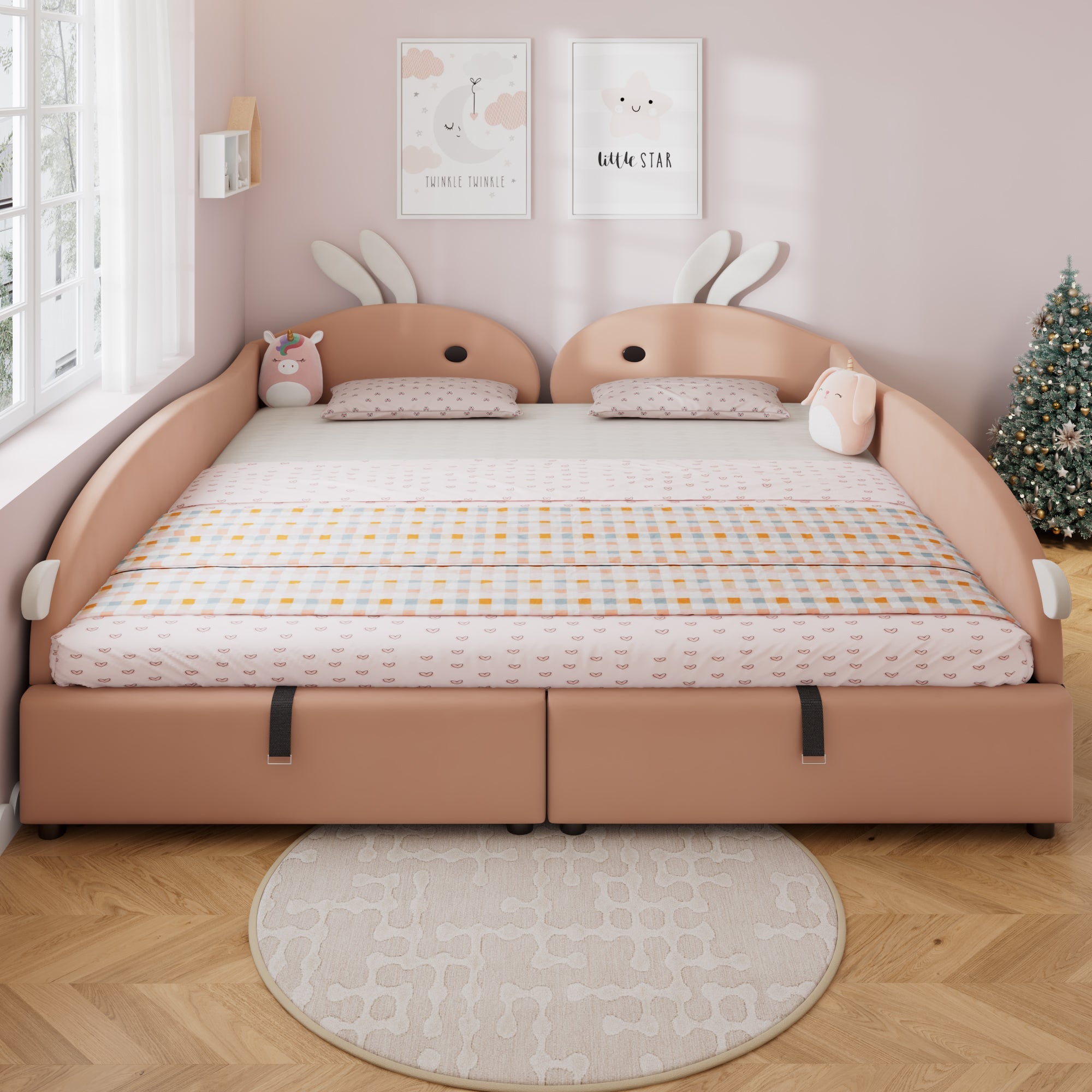Upholstered Bed, Children's Hydraulic with Bunny Headboard & Storage, Velvet Pink+White
