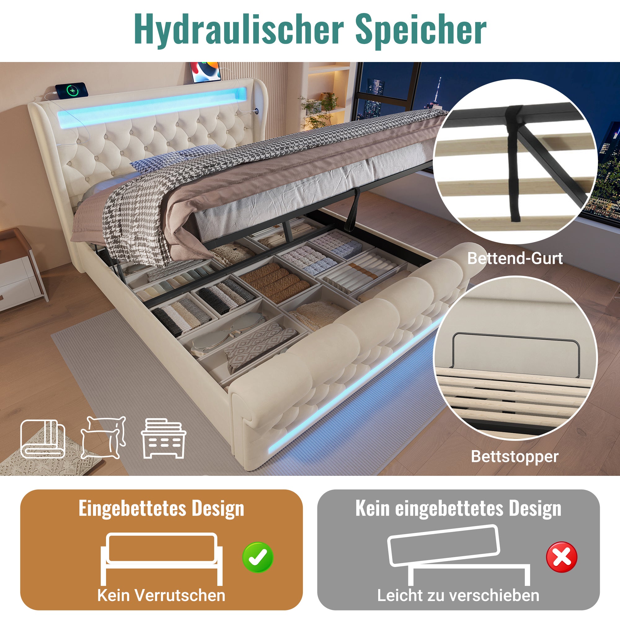 Upholstered Double Bed 160x200cm LED Lights USB/Type-C Storage Hydraulic Velvet Beige