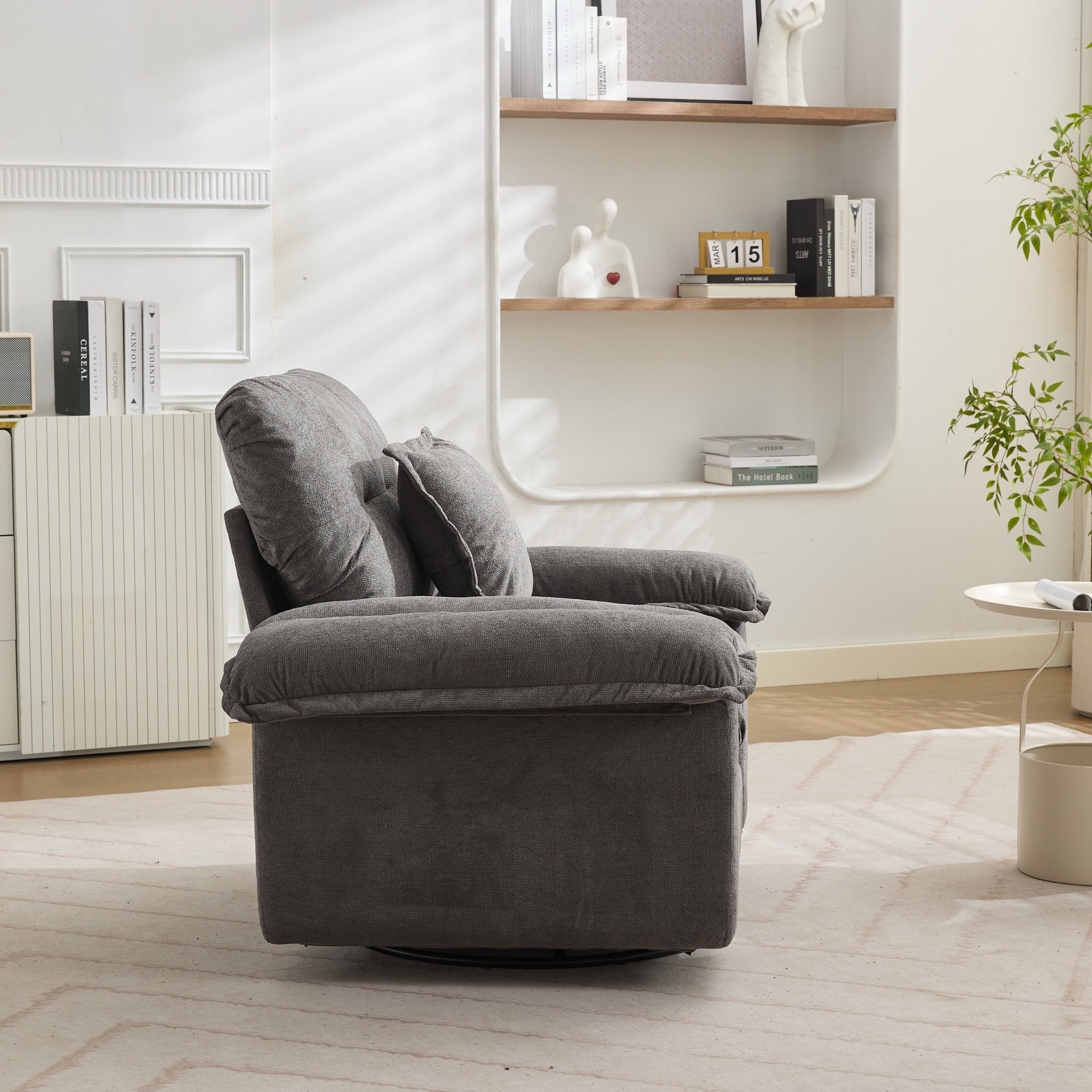 360° Swivel Armchair with Support Cushion and Oversized Seat, Chenille