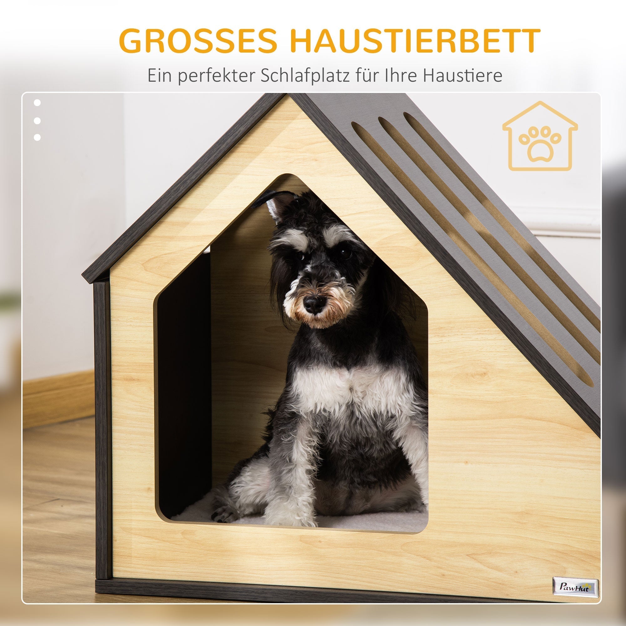 Hundehütte aus Holz, Katzenhöhle, Hundeschlafplatz, Kuschelkissen, 60 x 40 x 59,2 cm, Holz