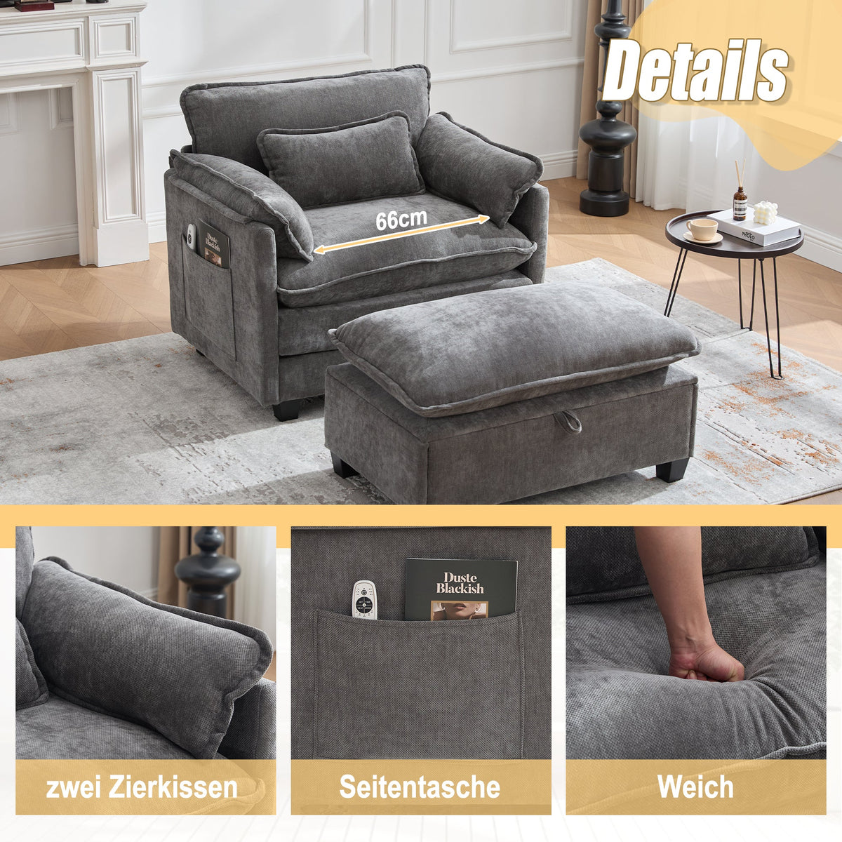 Oversized Armchair with Footrest Stool Side Pockets Cushions, Velvet