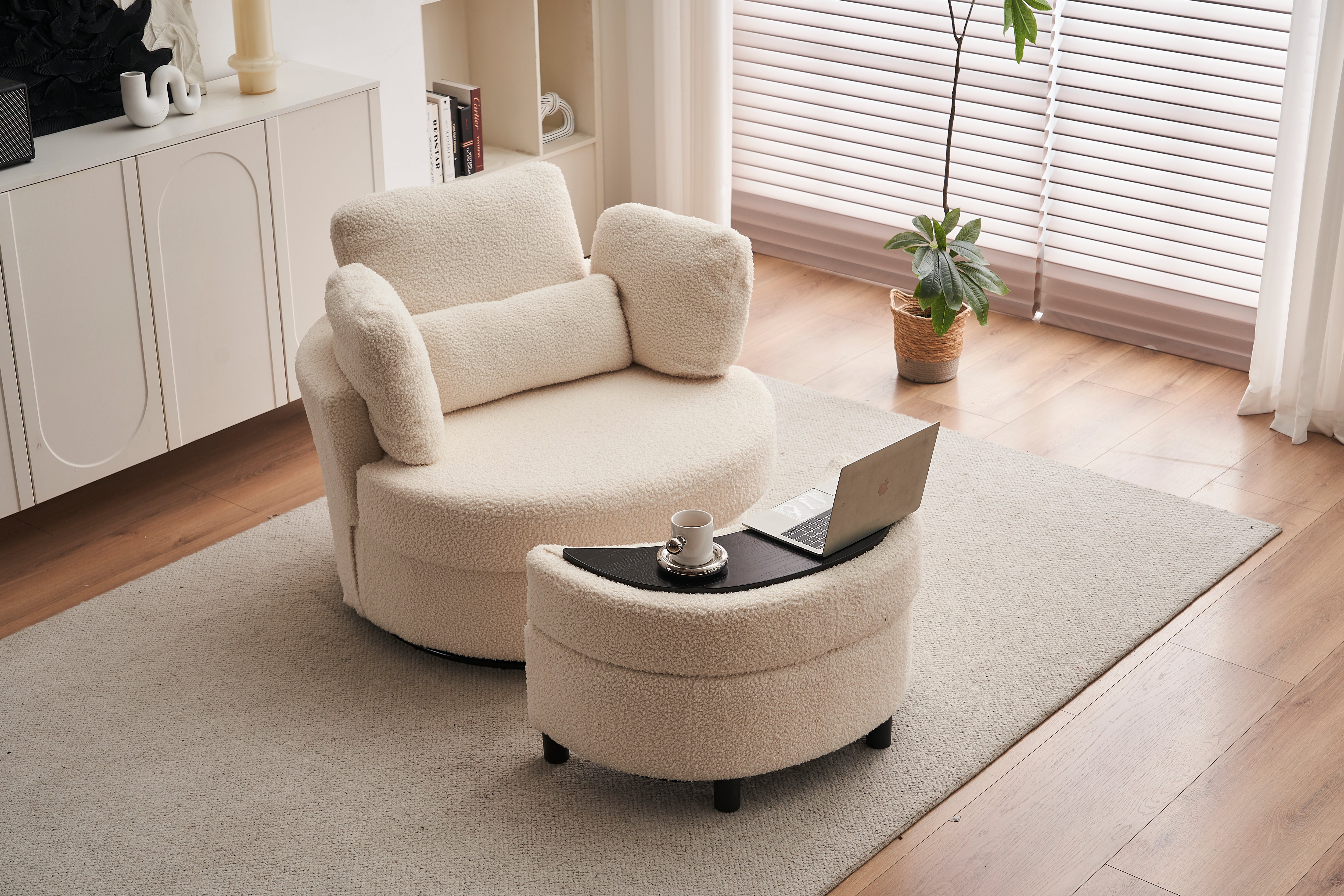 Teddy swivel armchair with 3 back cushion pillow ottoman crescent stool, White