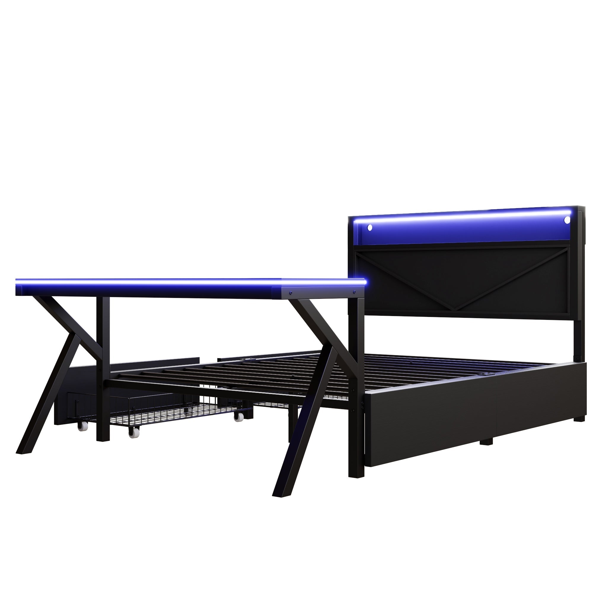 Gaming Platform Bed with LED Headboard, Desk and Drawers, Black Metal