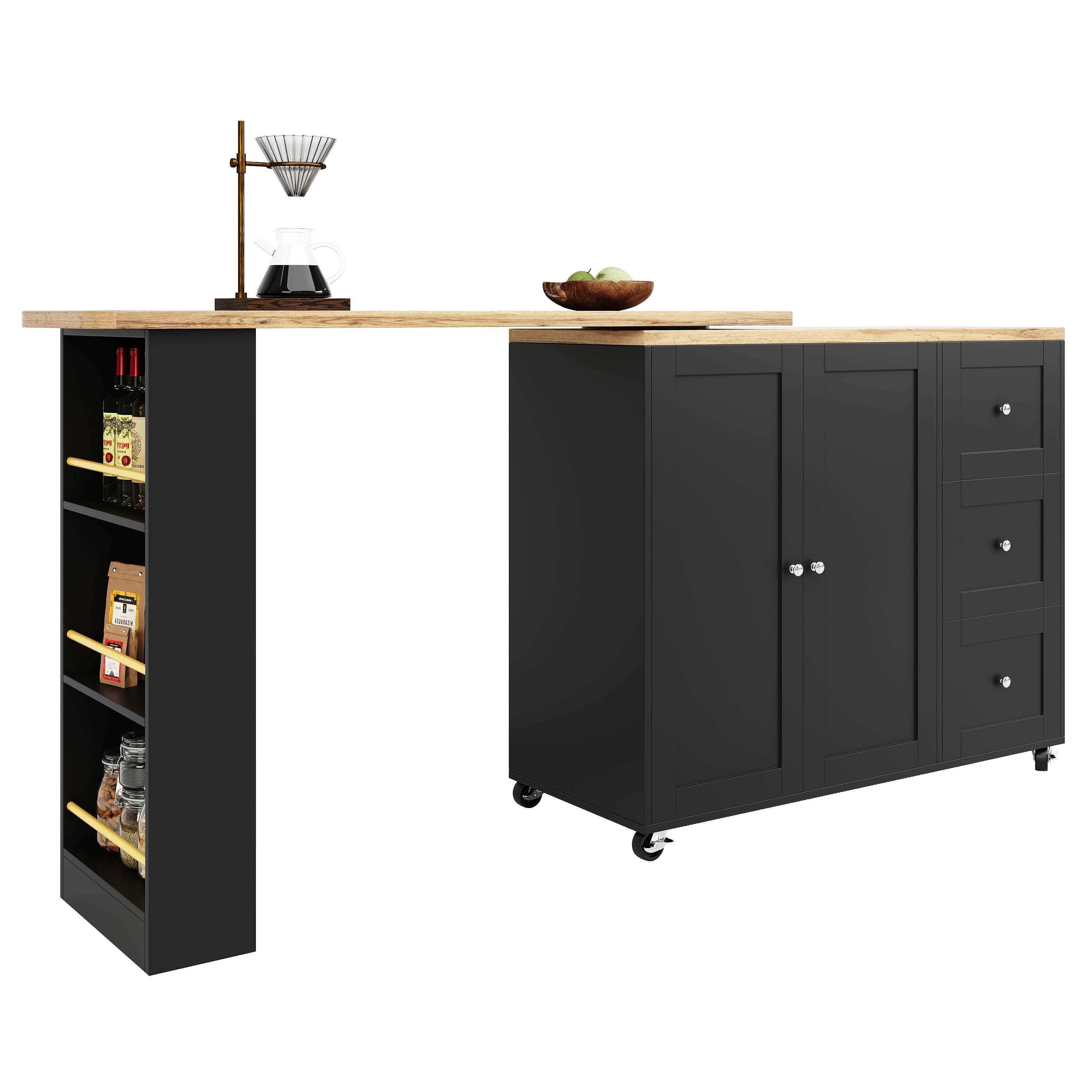 360° Rotating Bar Table Extendable On Casters Storage Island 3 Drawers Black