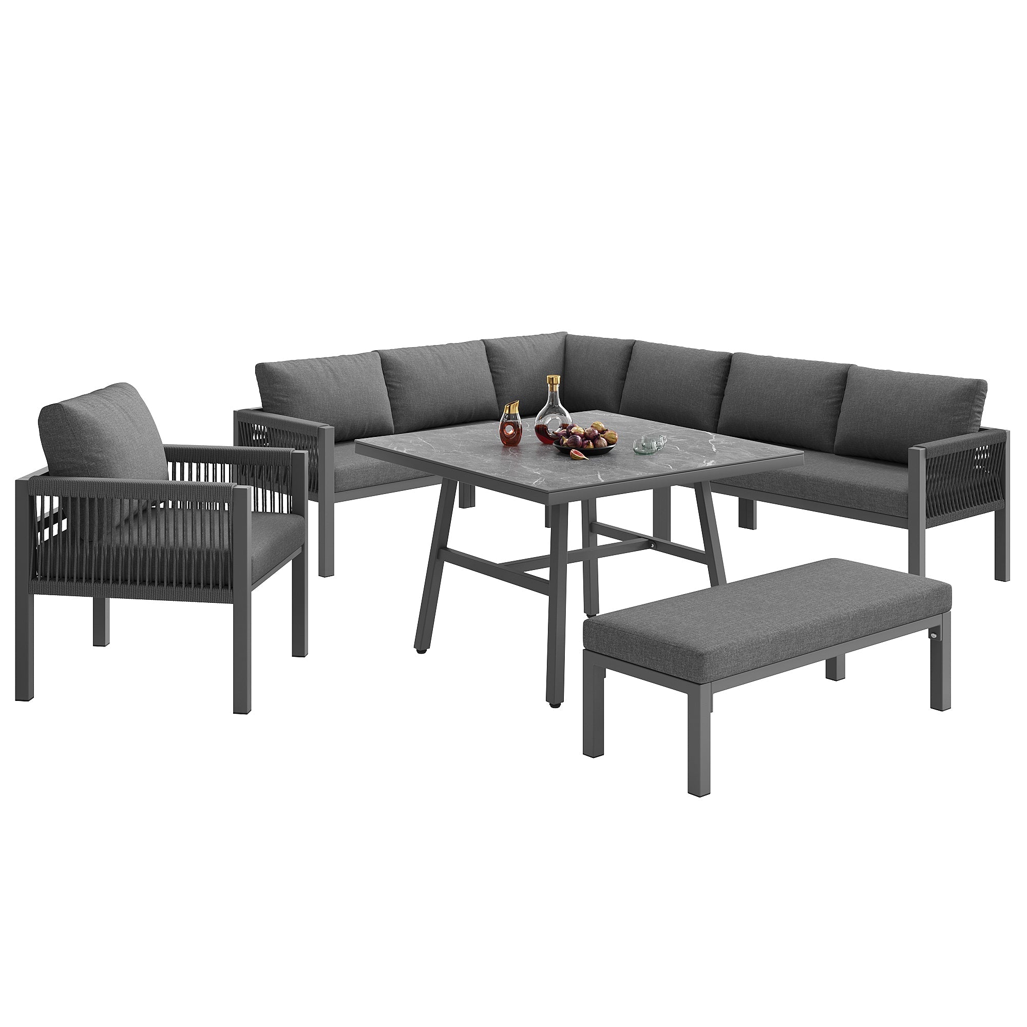 L-Shaped Garden Sofa Set Handwoven 8-Seater Iron Frame Table 2 Armchairs - Grey