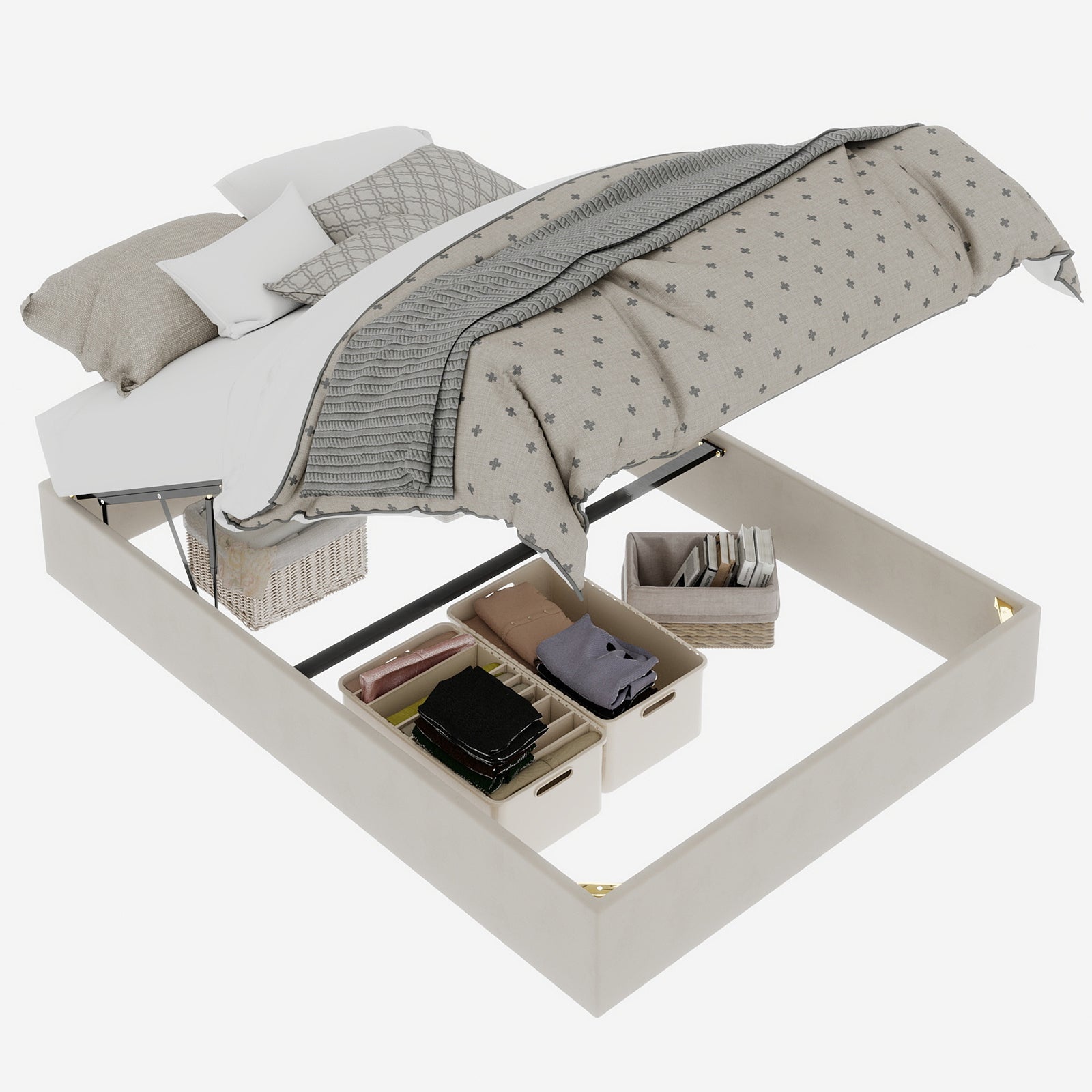 Bed Frame Modern Minimalist 160x200cm Gas Lift Storage - Beige Dutch Velvet