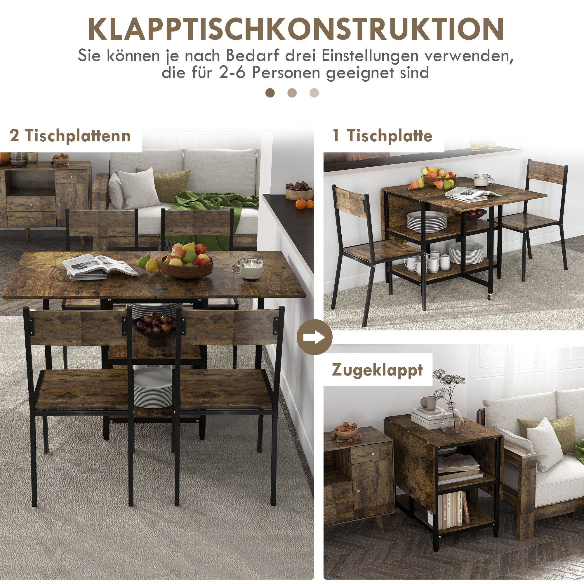 Folding Dining Table, Wheels, 140x80cm, 2-6 People, Rustic Brown Steel