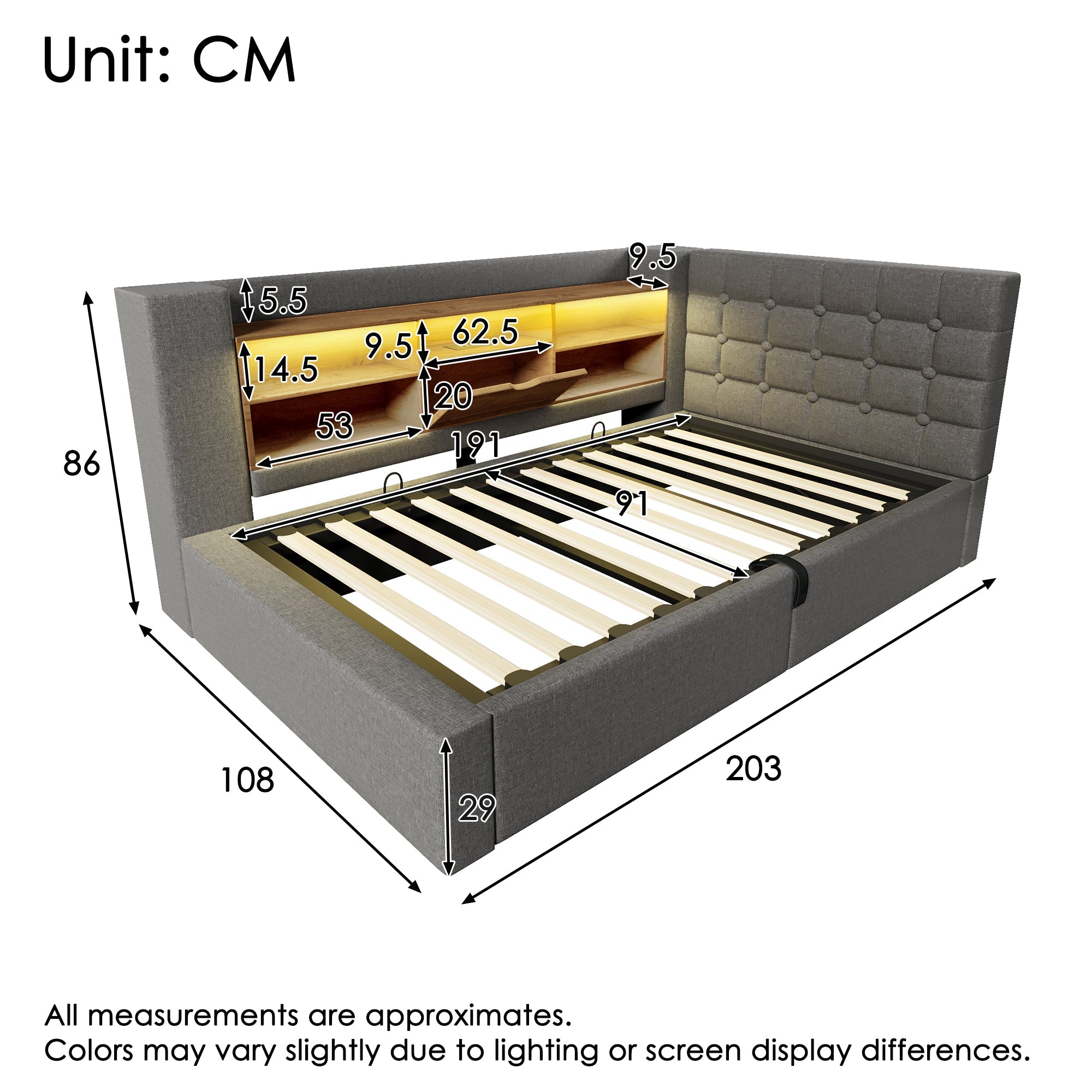 Upholstered Single Bed with LED, Hydraulic Storage and L-Shaped Headboard, 90x190cm, Grey Linen Fabric