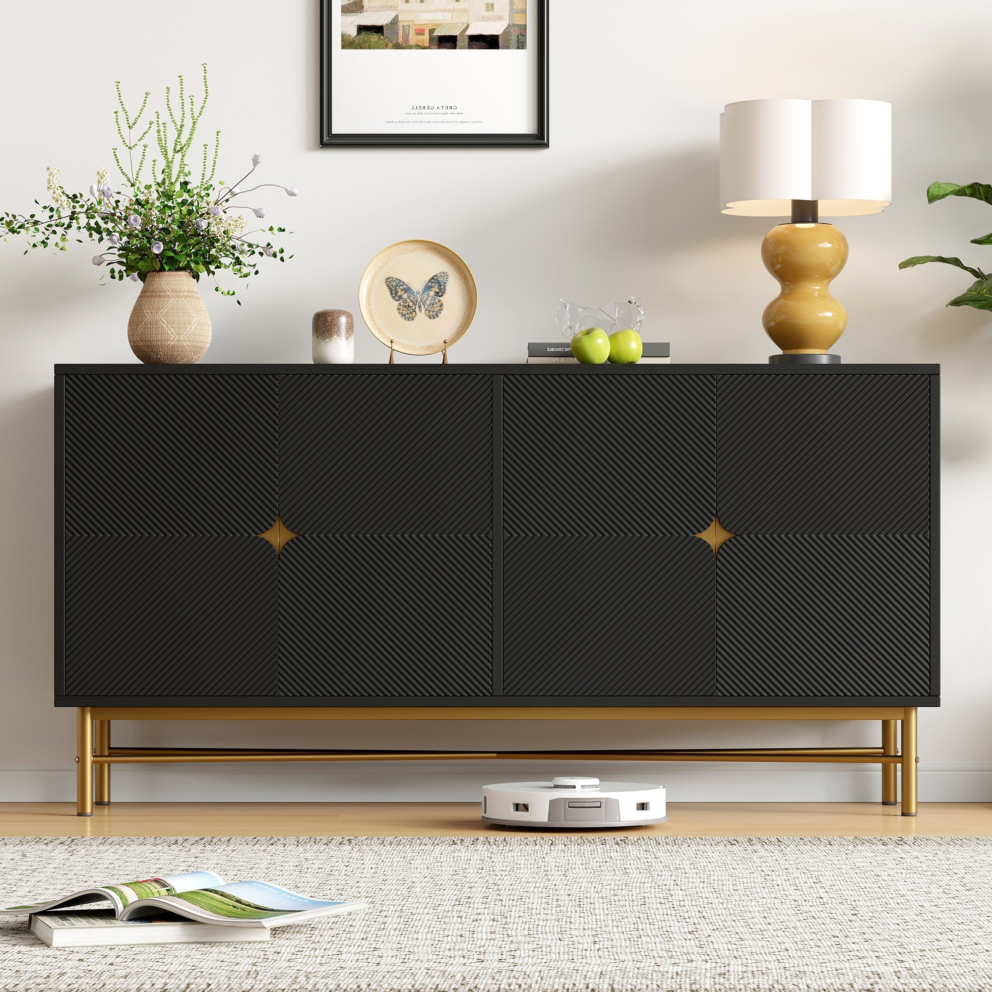 Sideboard Raised Texture 160cm, Cabinet Four Doors, Golden Brushed Handles and High-Gloss Table Legs, Black