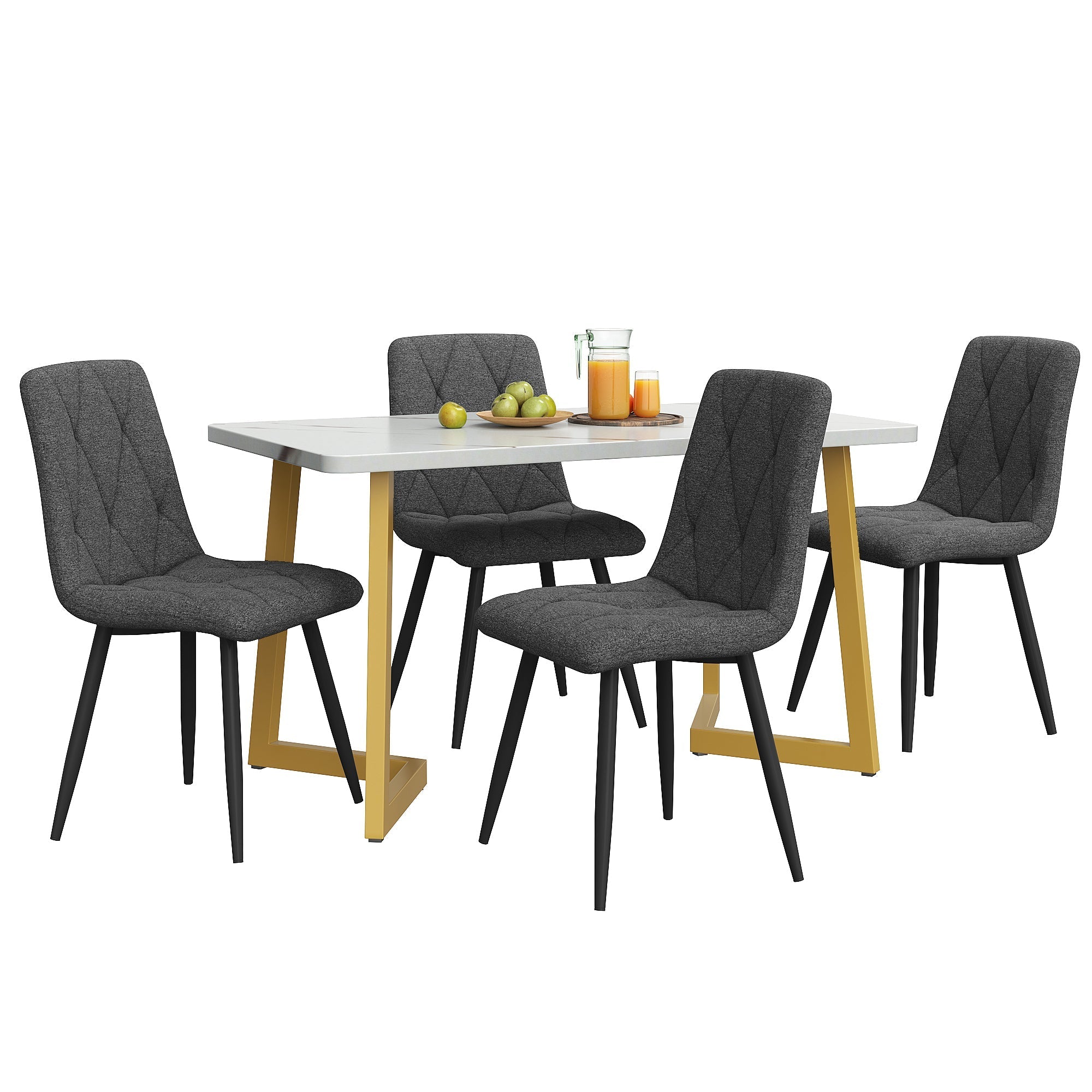 Dining Set 5-Piece 117x68cm Rectangular Table 4 Chairs Dark Grey Twill Linen Golden Legs