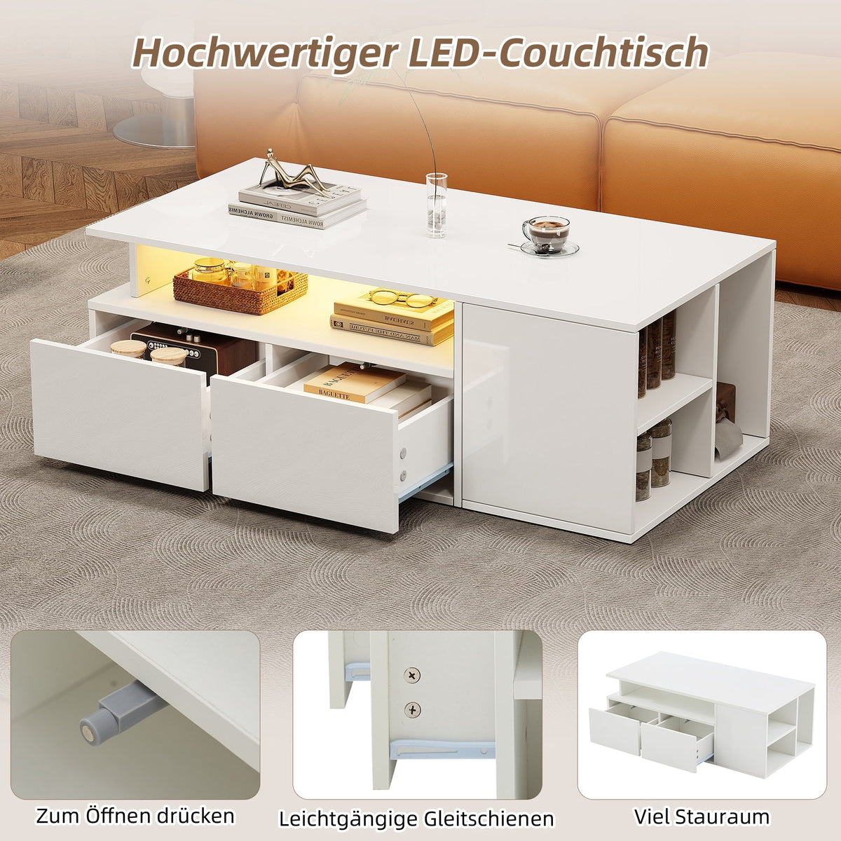 Coffee Table 100x50x35cm LED Lighting 2 Drawers, White