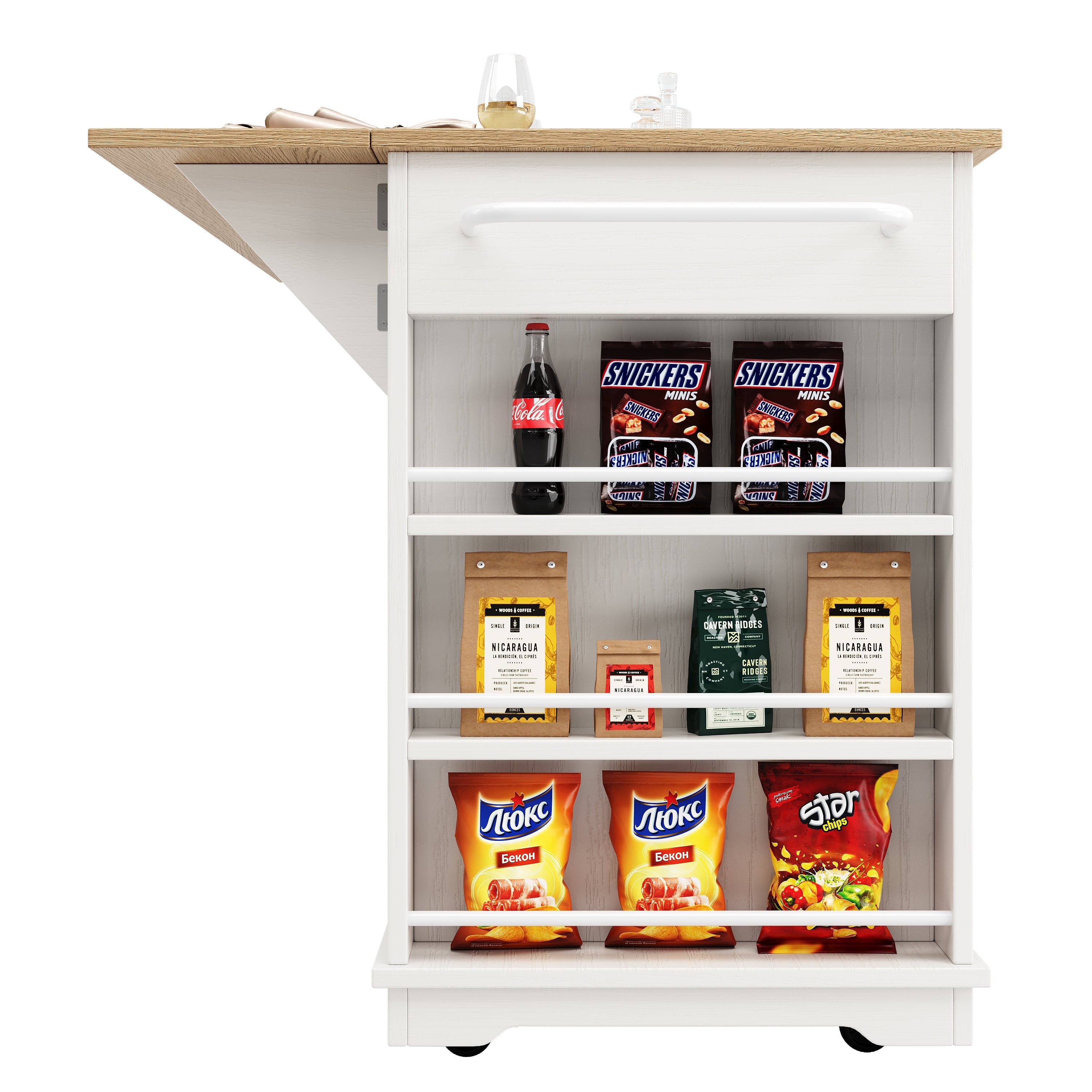 Kitchen Island Cabinet Worktop Storage Tempered Glass White