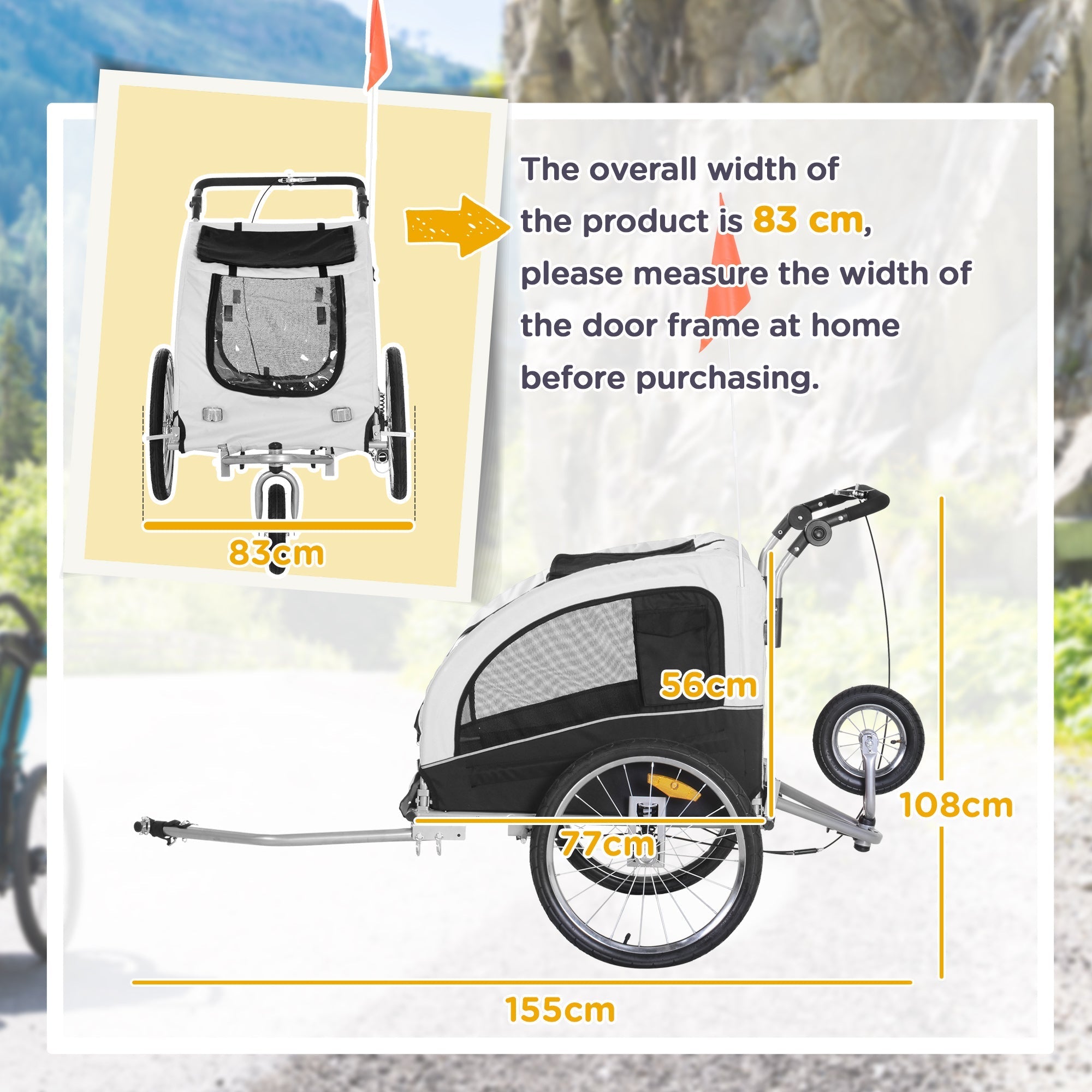 Dog Trailer Jogger Bicycle Trailer, 155 x 83 x 108 cm, White+Black