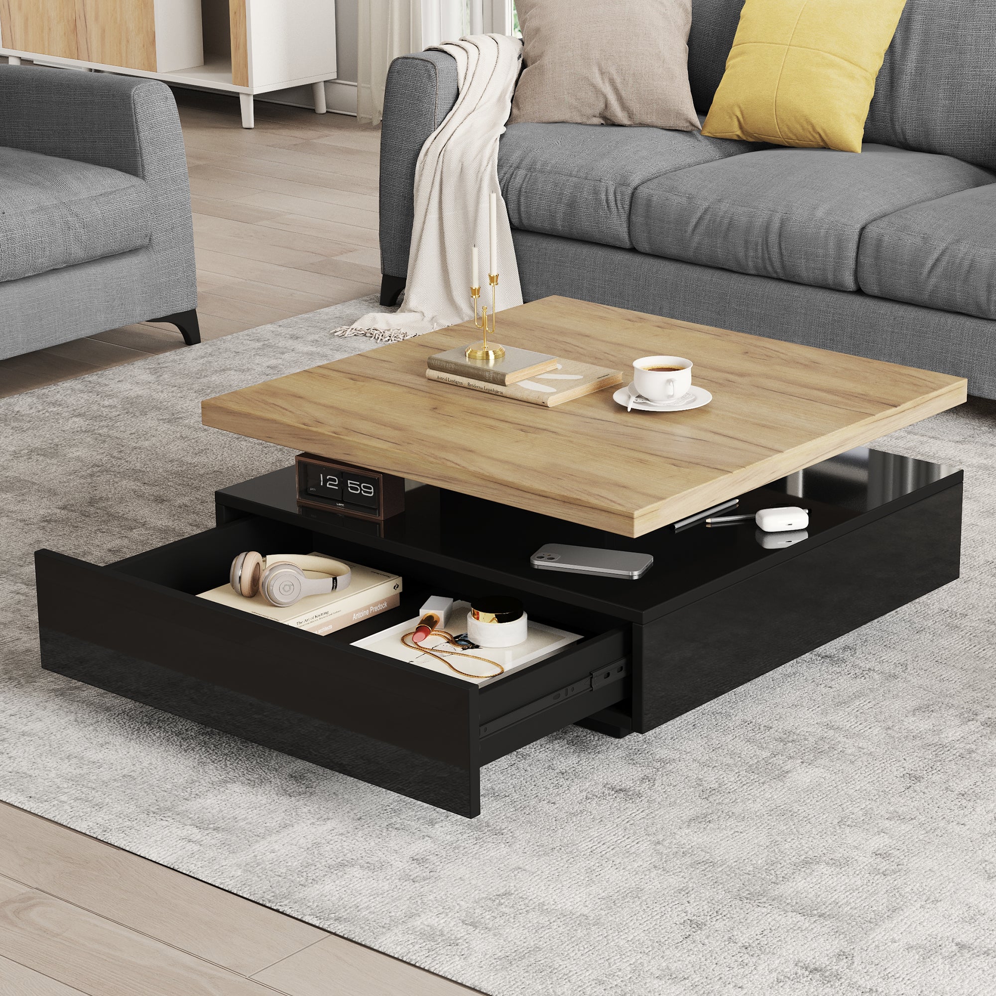 Coffee Table Multifunctional 360° Swivel 2-Tier Storage - Natural/Black Chipboard