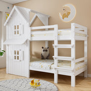 Bunk Bed Kids House, Safety Rails Ladder Slatted Base, Pine/MDF/Plywood White 90x200cm