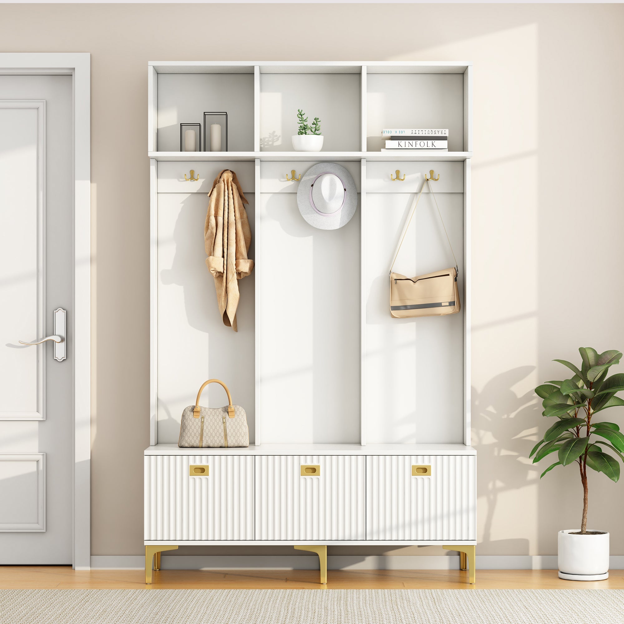 Wardrobe Set with Bench, Multifunctional Storage, 6 Hooks, White